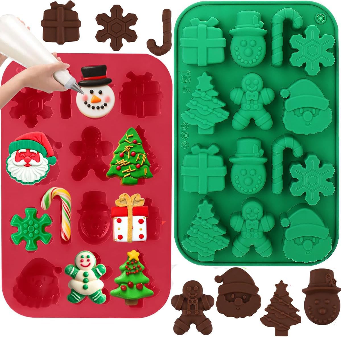 VELOKOVA Christmas Silicone Baking Moulds 2PCS Christmas Tree, Snowman, Santa & Snowflake Shapes for Cake, Chocolate, Jelly | BPA Free Reusable Moulds for Xmas Party Baking, Dessert Decorations