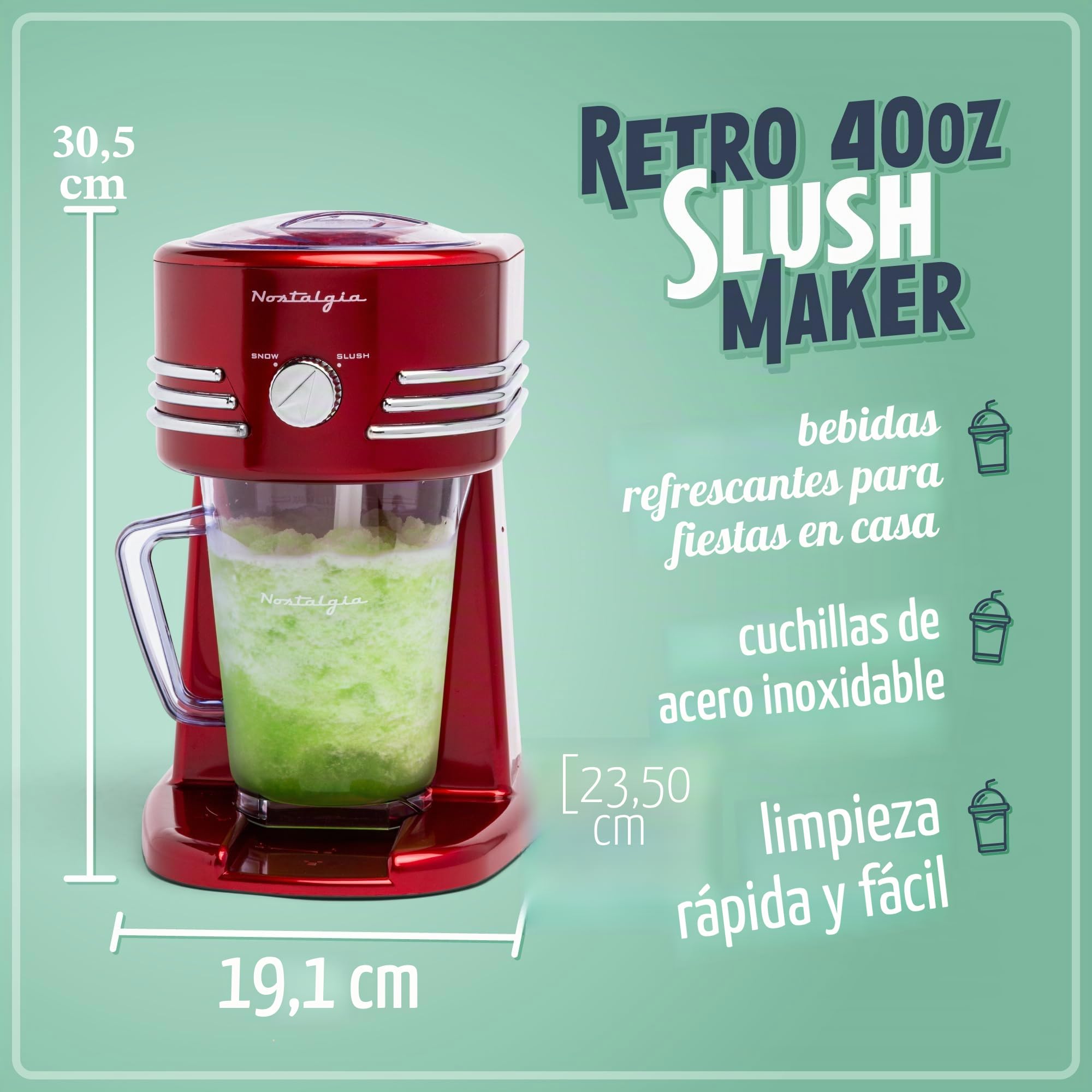 Nostalgia Estación de Bebidas Congeladas de 1,2 Litros Perfecta para Granizados, Copos de Nieve, Margaritas, Daiquiris, Cuchillas de Acero Inoxidable, Almacenamiento del Cable, Rojo Retro