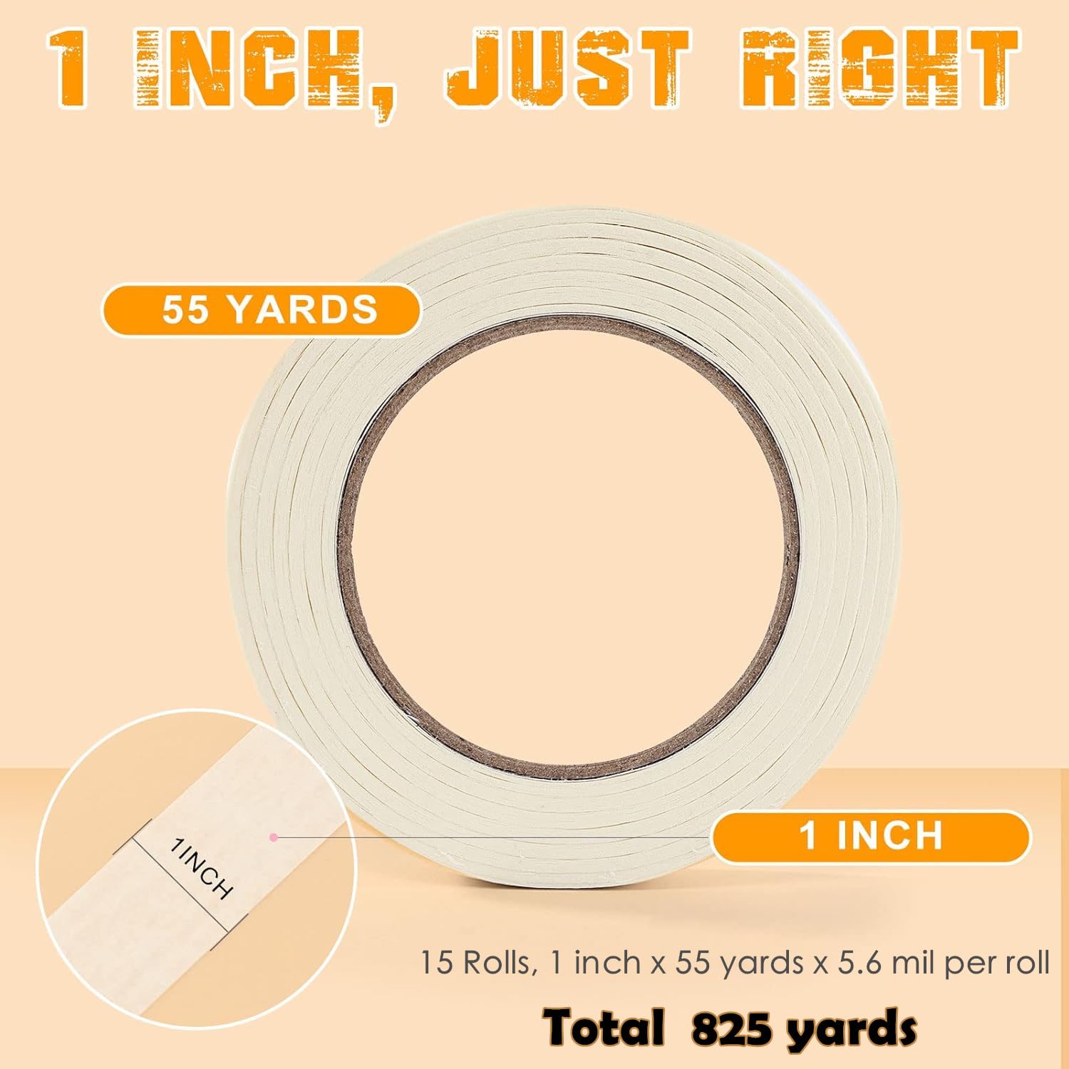 Nastro adesivo per mascheratura, 15 rotoli (25 mm x 50 m), nastro adesivo multiuso per pittori, nastro decorativo per artigianato, fai da te e pittura di interni