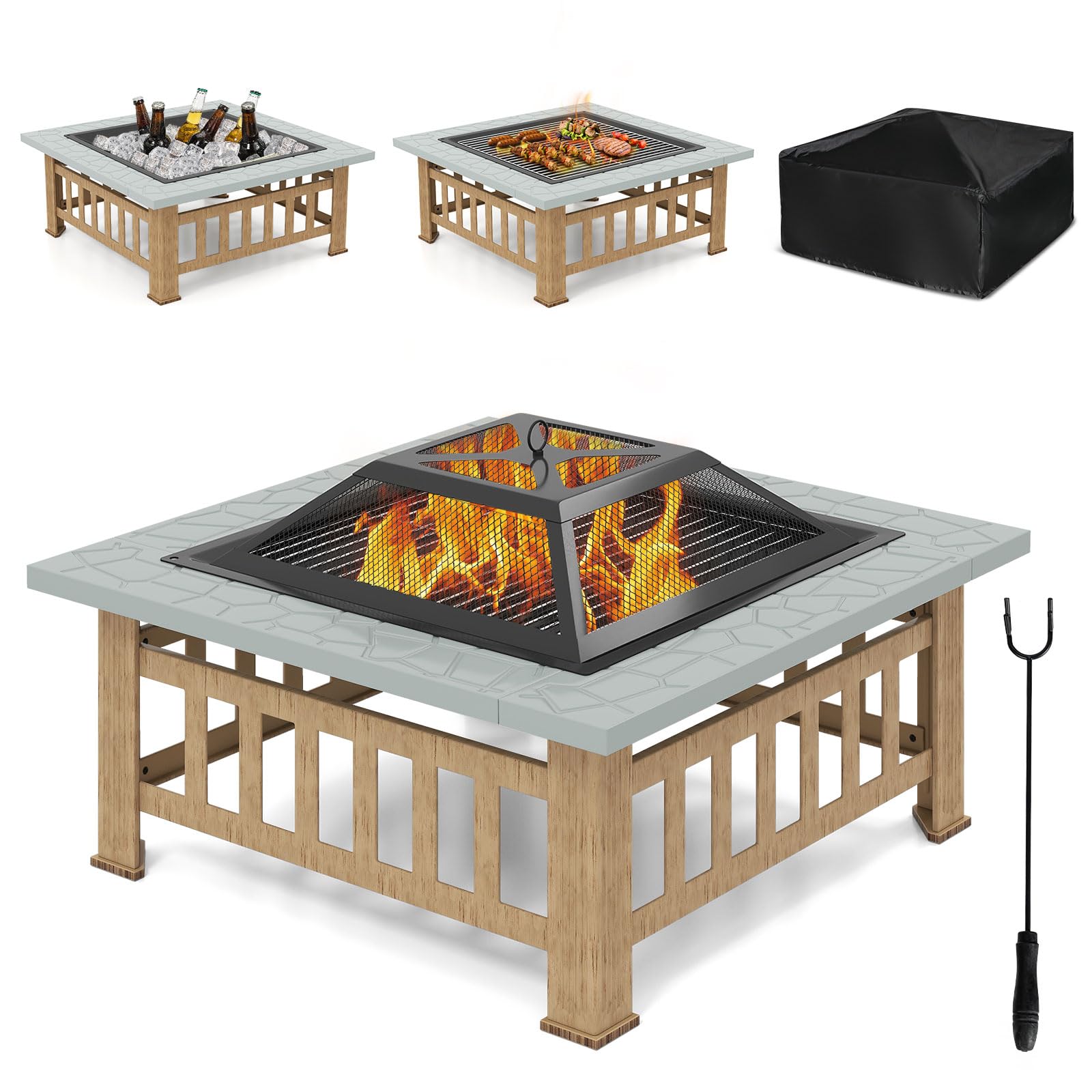 GOPLUS Brasero Exterior Jardin 3 en 1, Brasero Cuadrado de Hierro con Parachispas, Póker Largo, Rejilla para Barbacoa, Rejilla para Leña, Mesa Chimenea para Barbacoa Fogata Picnic Camping (Gris)