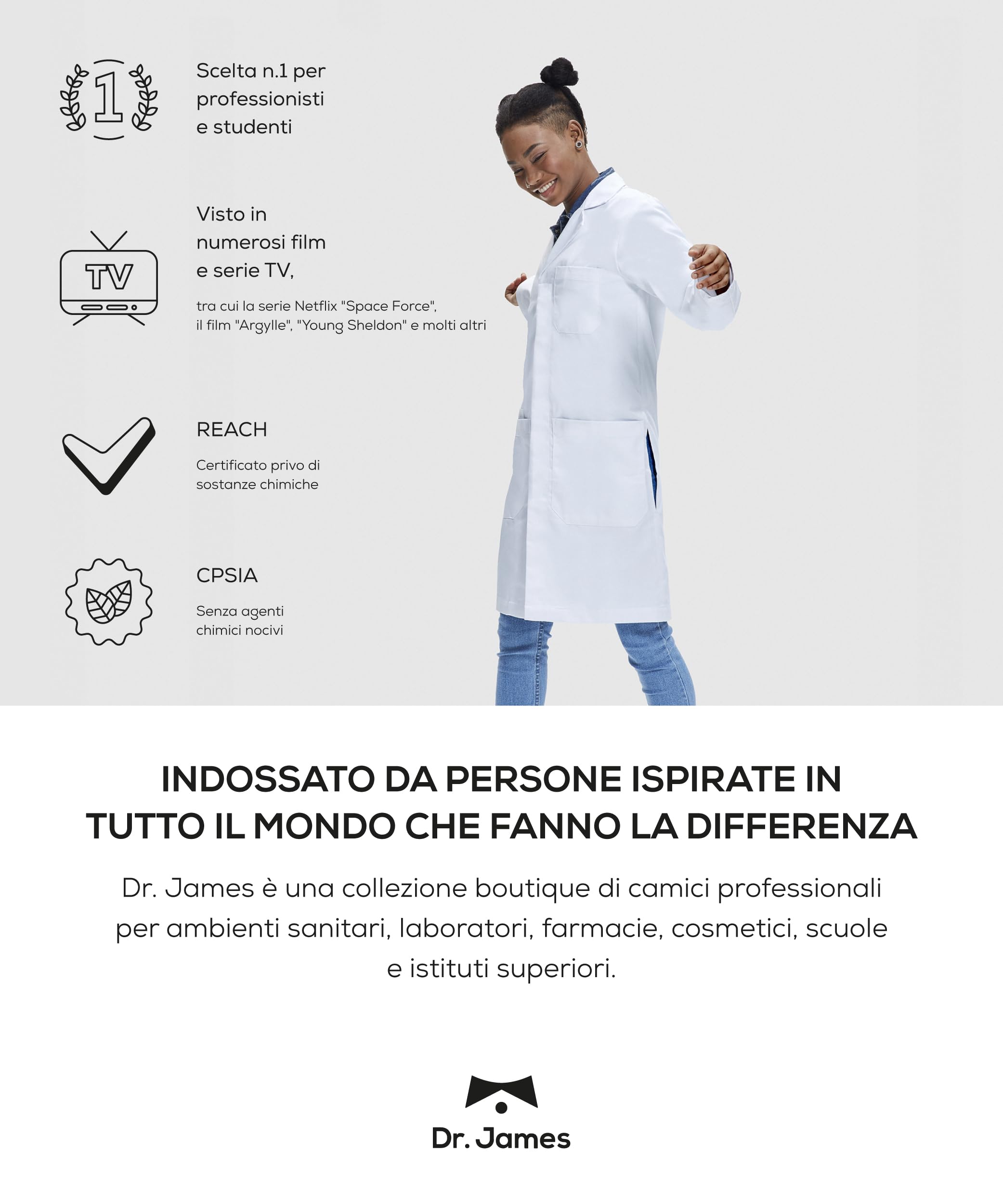 Dr. James Camice da Laboratorio Premium Donna, Vestibilità Classica, Chiusura con Bottoni a Pressione a Scomparsa, Multitasche, Lunghezza 94 cm, Tessuto Certificato OEKO-TEX