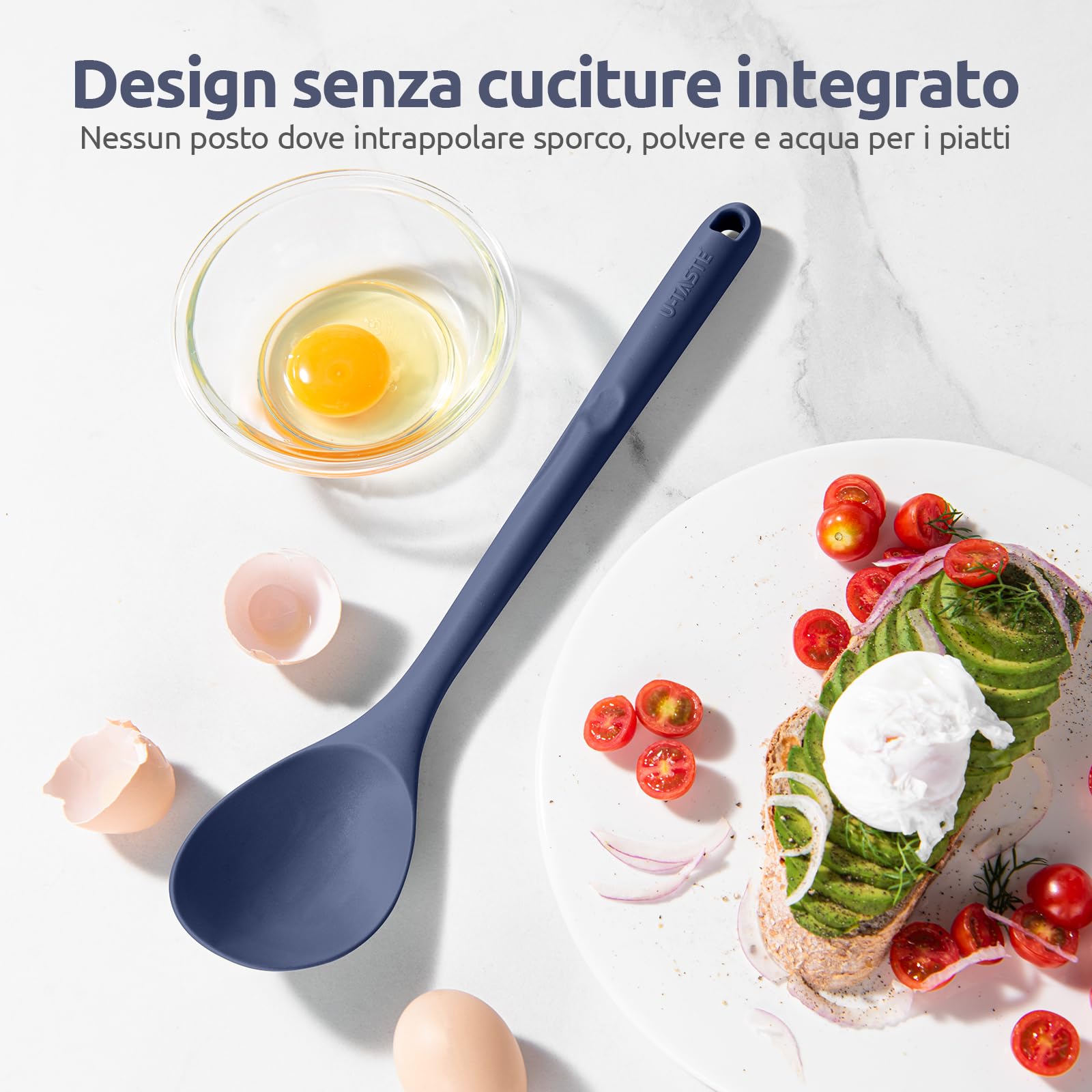 U-Taste Cucchiaio da cucina in silicone: cucchiaio da cucina solido resistente al calore 315 ℃, grande strumento in gomma antiaderente senza BPA per mescolare, servire, imbastire (Blu mezzanotte)