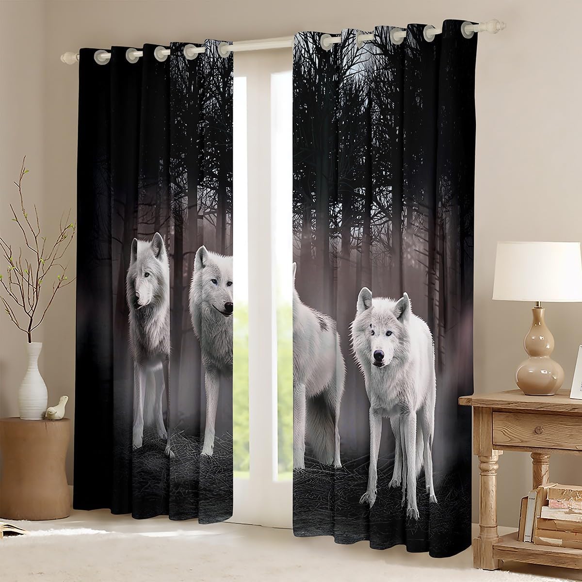Feelyou Wolf Window Curtains for Bedroom Living Room Safari Animal Pattern Curtains for Kids Boys Girls White Wolf Family Window Drapes Cool Wildlife Style Decor Window Treatments