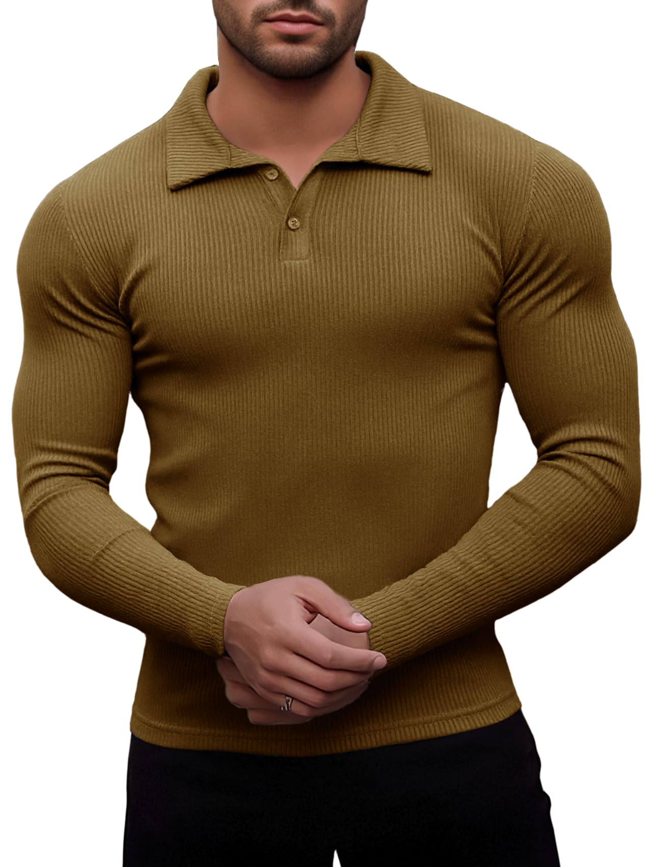 Agilelin Poloshirt Herren Langarm T Shirts,Herren Stretch Muskelshirts,Casual Geripptes Hemd,Workout Golf（Braun/2XL