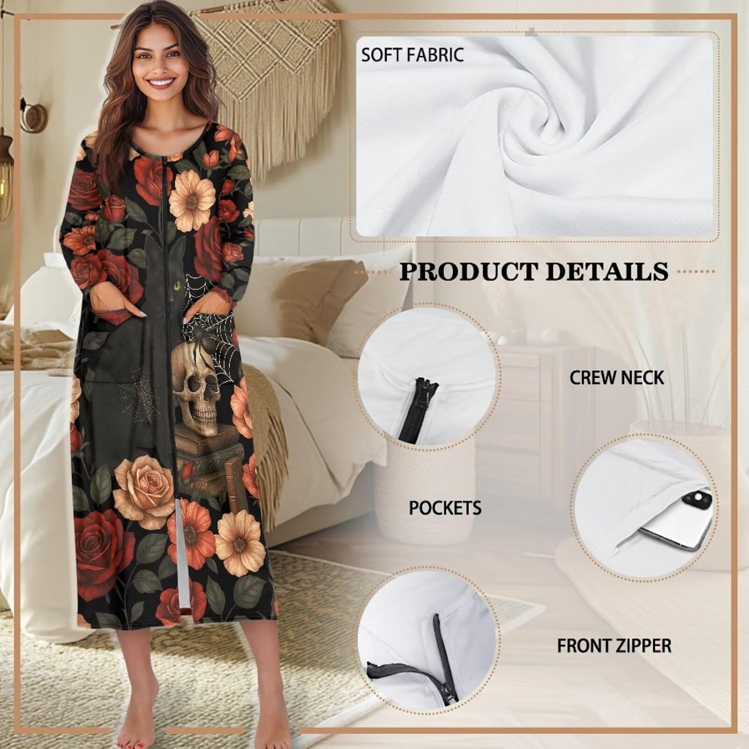 Talayituse Women Zip Up Robe Nightgowns Full Length Sleepwear House Dress Long Sleeve Comfy House Coats Bathrobe with Pockets