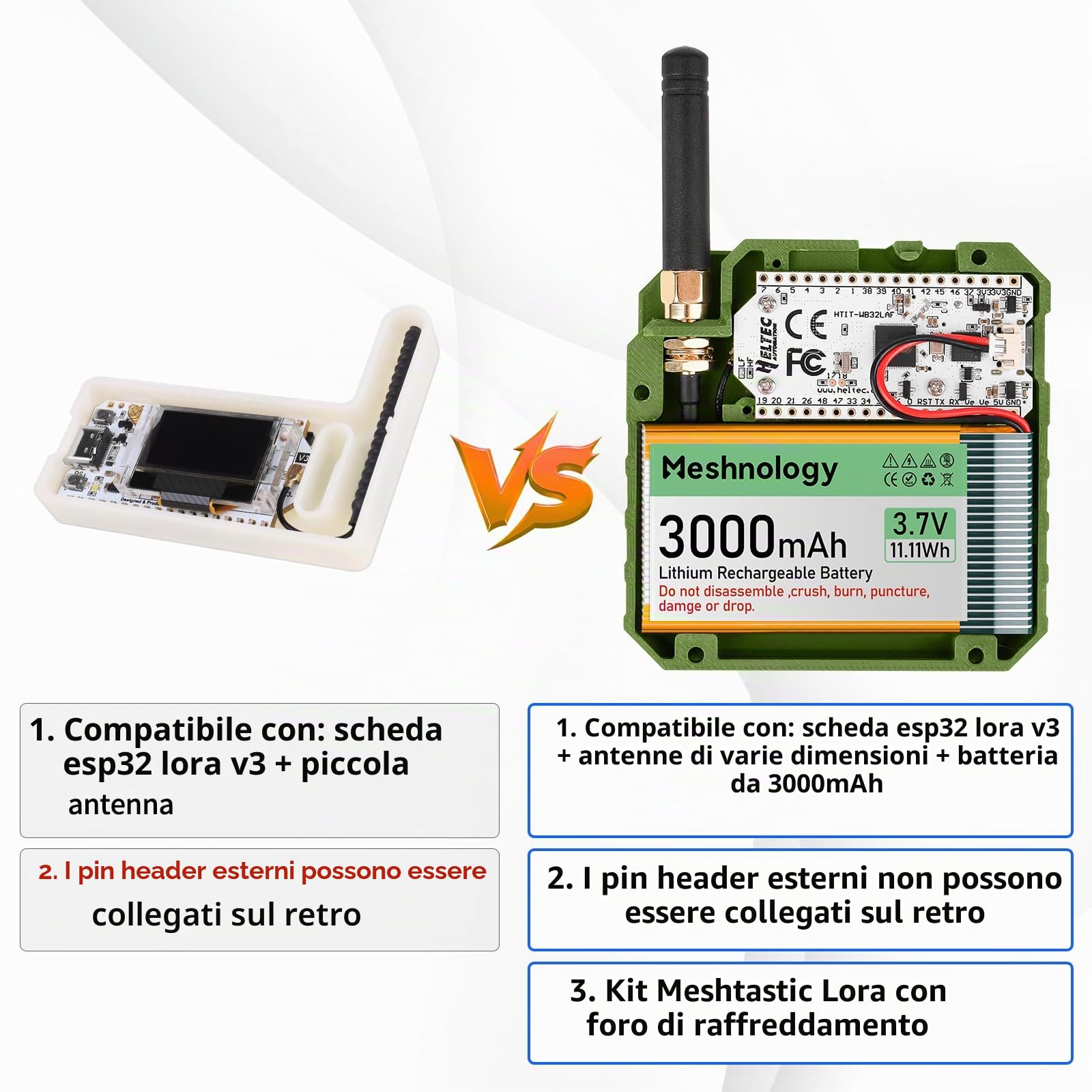Confezione da 2 schede di sviluppo ESP32 LoRa V3 + batteria da 3,7 V 3000 mAh + set di alloggiamenti – con antenna a rete 863-928 MHz e SMA supporta Wi-Fi/Bluetooth LoRa V3 dispositivi AR duino