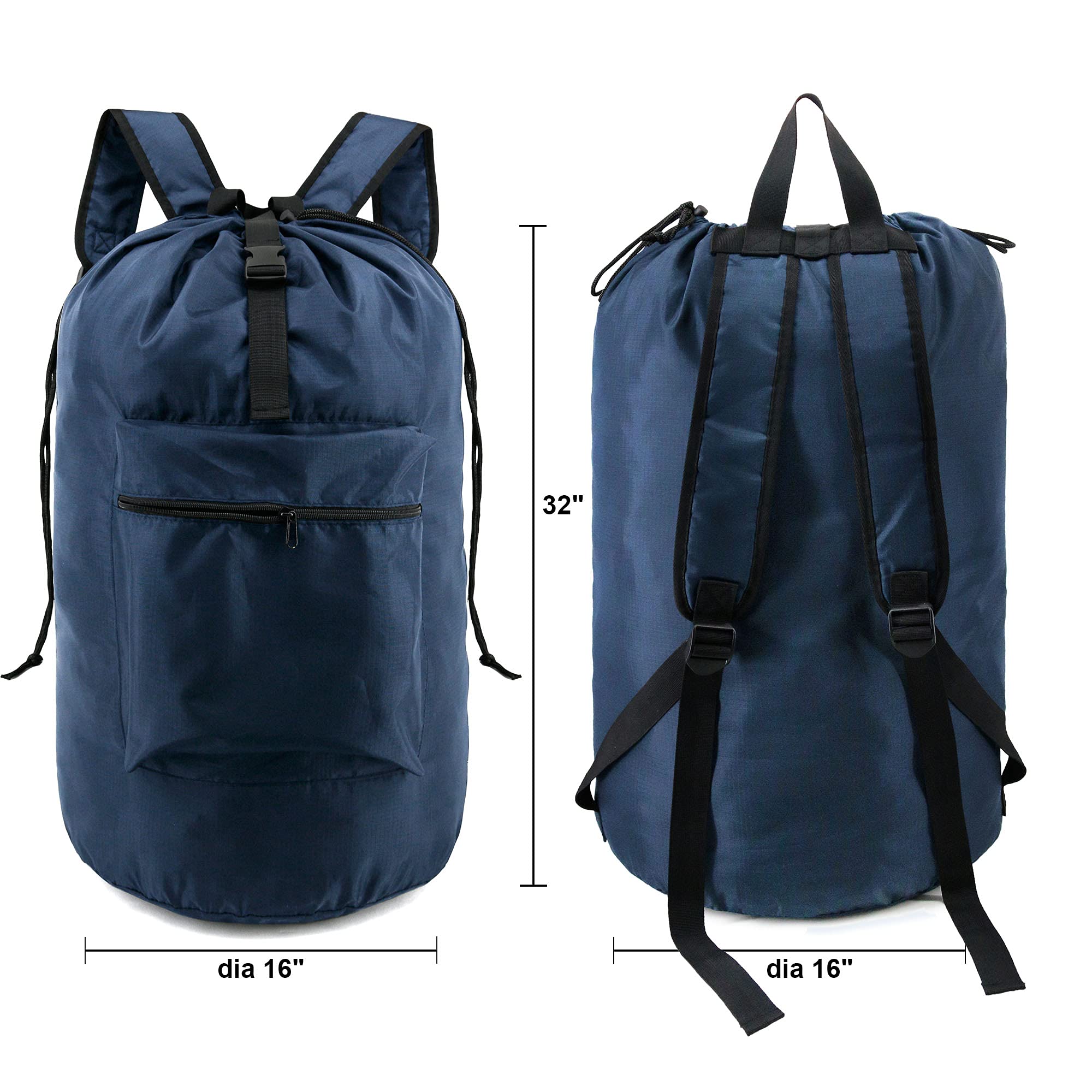 BeeGreen Mochila de lavandería extra grande y resistente, azul oscuro, 16 x 32 pulgadas, con bolsillo frontal con cremallera