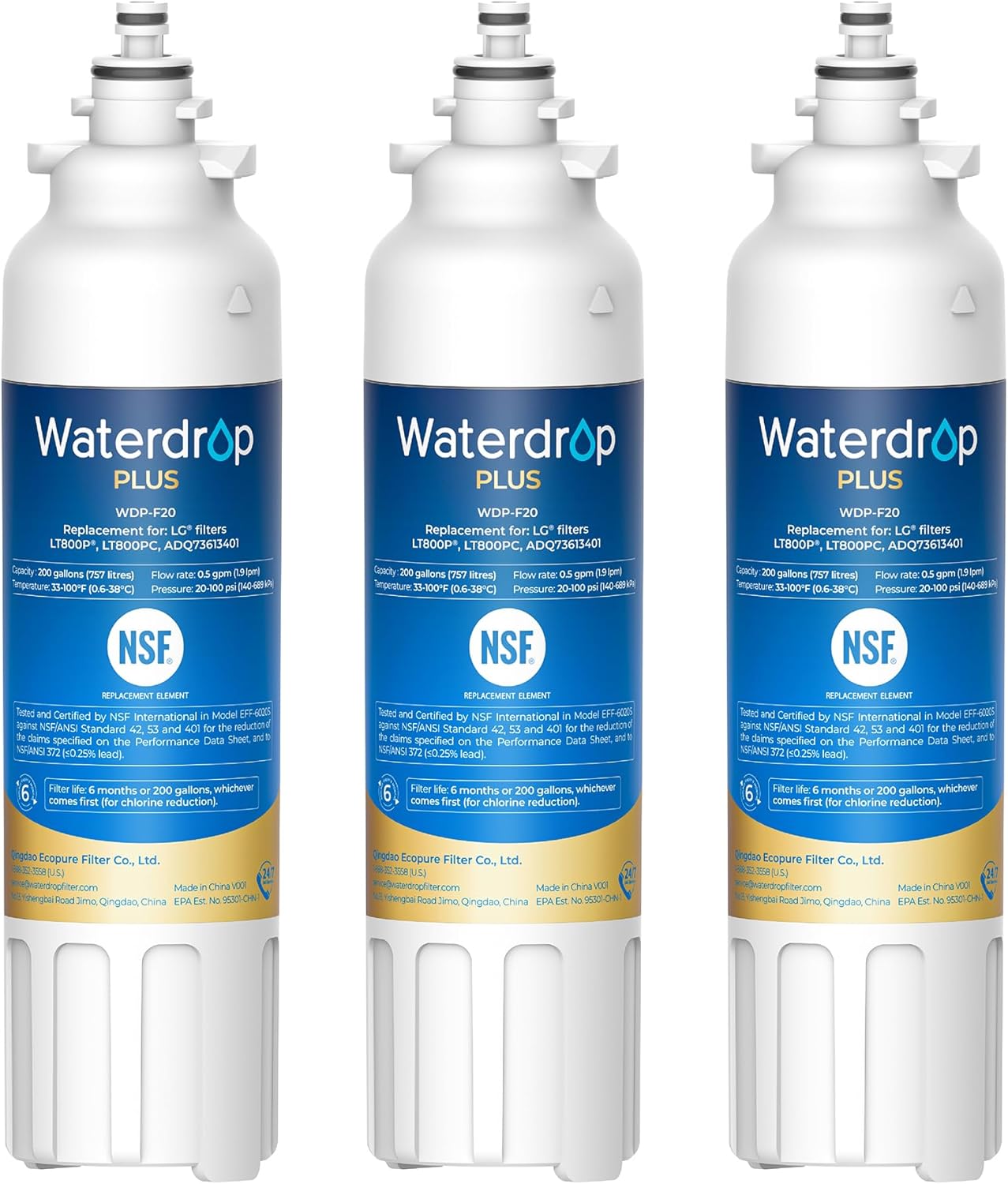 Waterdrop Plus ADQ73613401 NSF 401&53 Certified Refrigerator Water Filter, Reduce Lead&PFAS, Replacement for LG LT800P, ADQ73613402, ADQ75795104, Kenmore 9490, 3 Pack (Package May Vary)