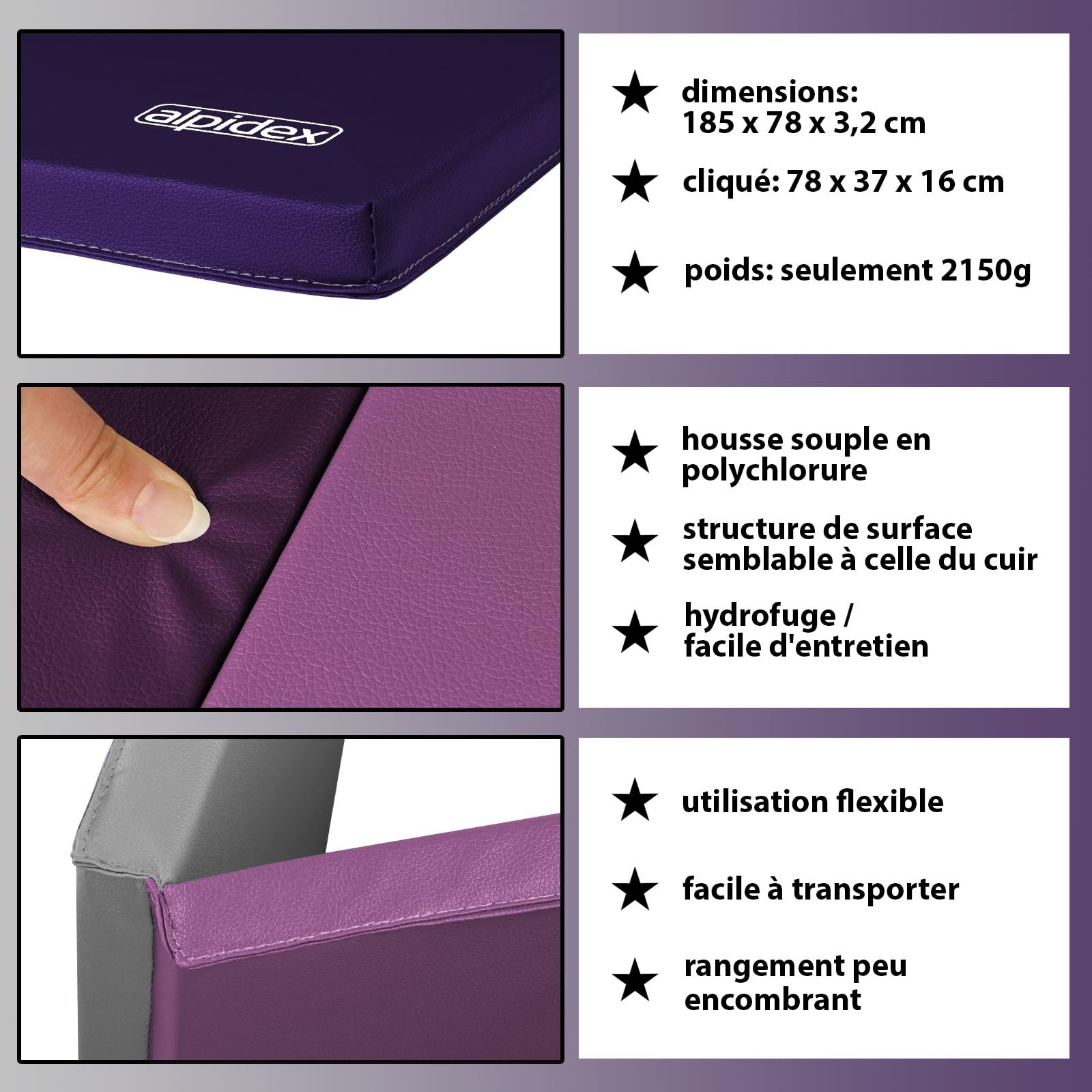 ALPIDEX Tapis de gymnastique pliable 185 x 78 x 3,2 cm pour la maison enfants adultes