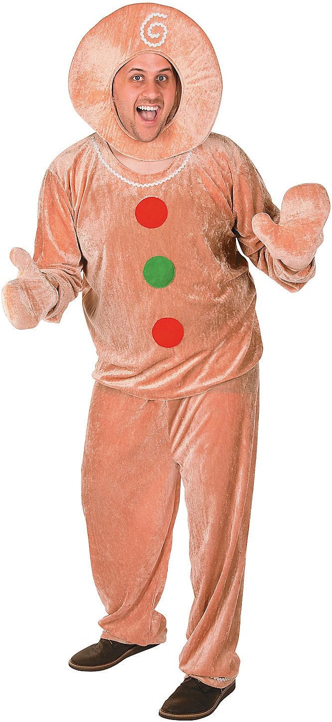 Fun Express Gingerbread Man Costume Adult Extra Large - Premium Velour Christmas Costume for Men | Complete 5-Piece Holiday Outfit with Hood & Mittens for Parties