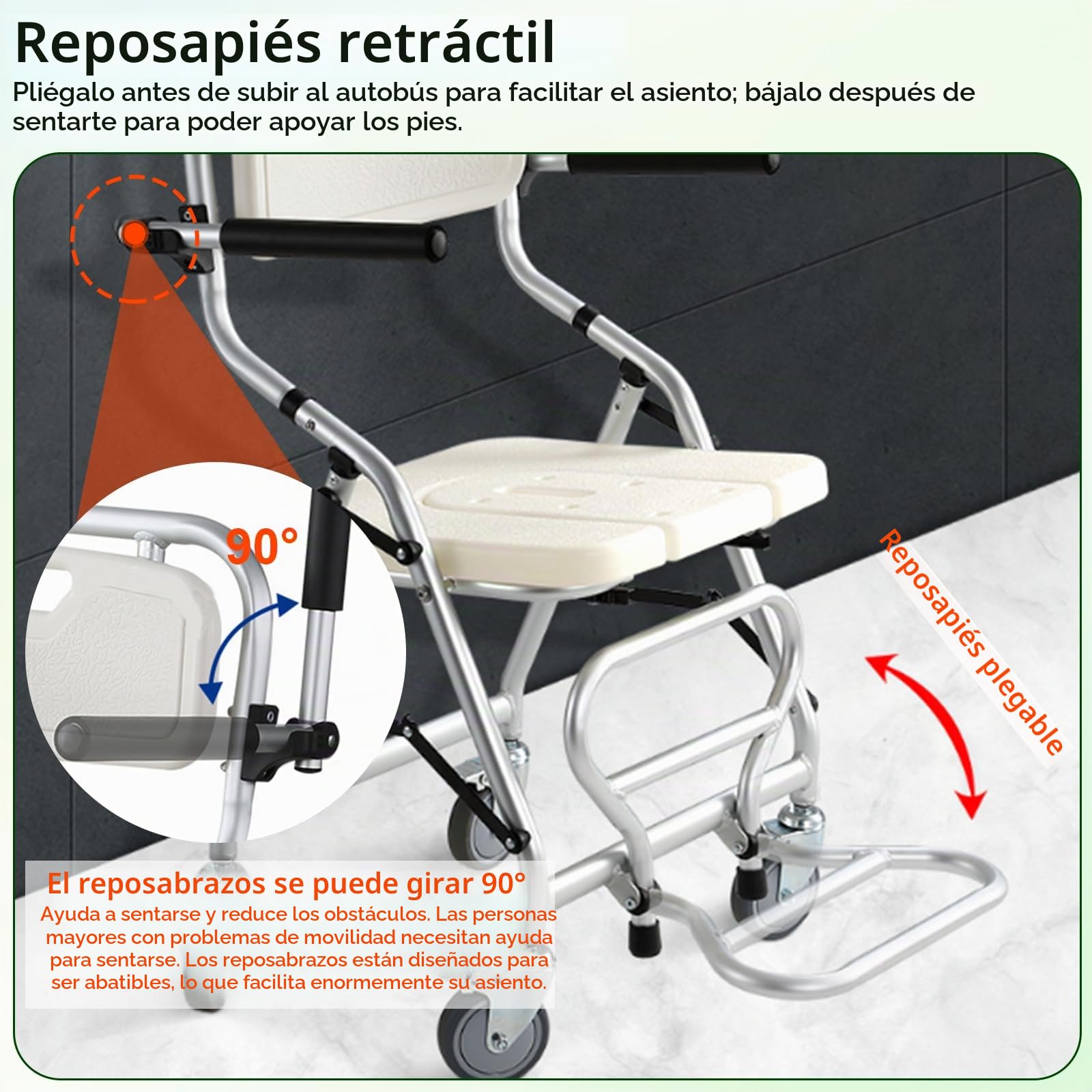 Silla de Ducha con Ruedas Plegable para Personas Mayores | Silla de Ducha Plegable Impermeable, Blanco Silla de Baño y Ducha Discapacitados con Reposabrazos y Respaldo, Carga 120kg