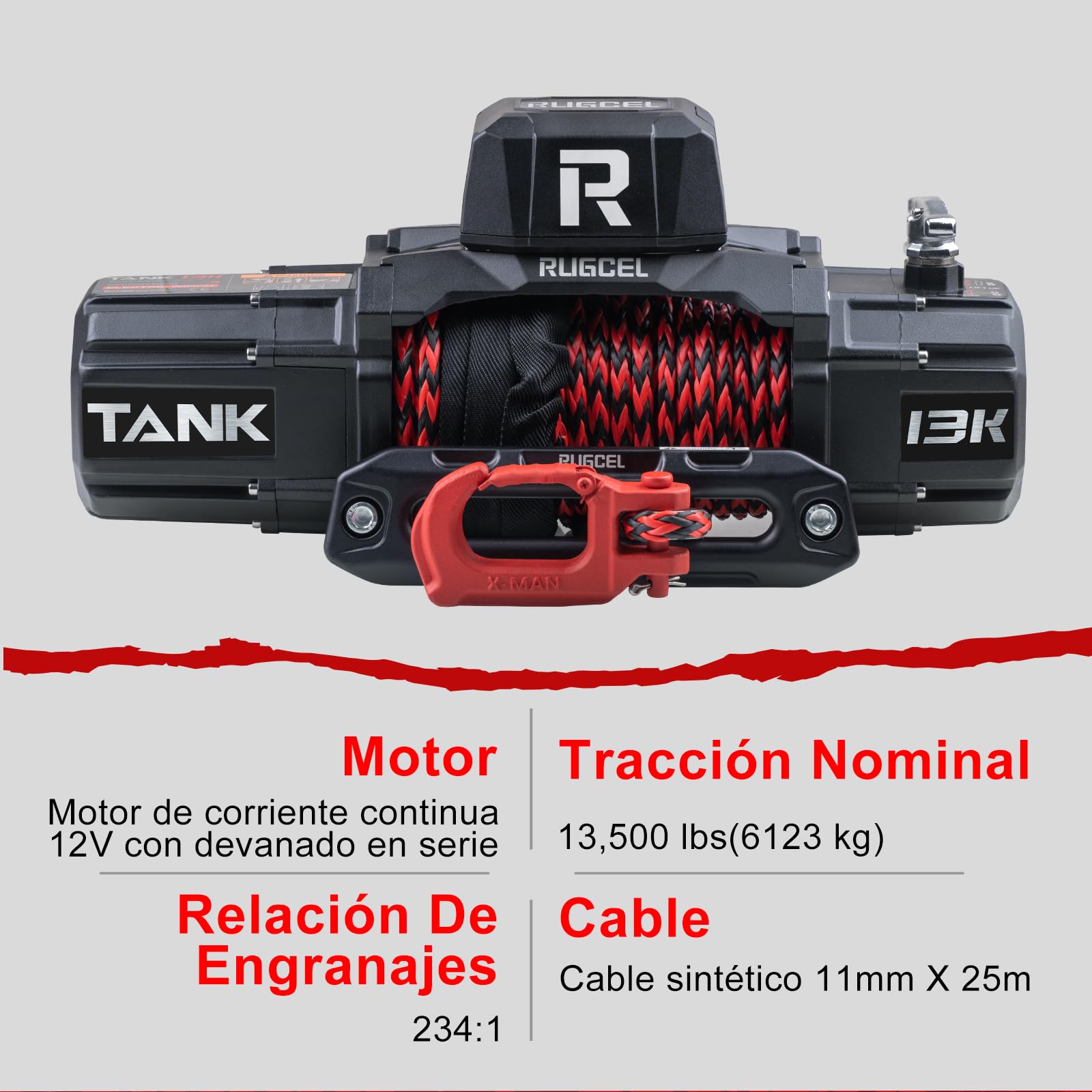RUGCEL WINCH Treuil 6123 kg avec corde synthétique 12 V étanche électrique, télécommande sans fil 2 en 1, pour SUV, camion et remorque - Série TANK