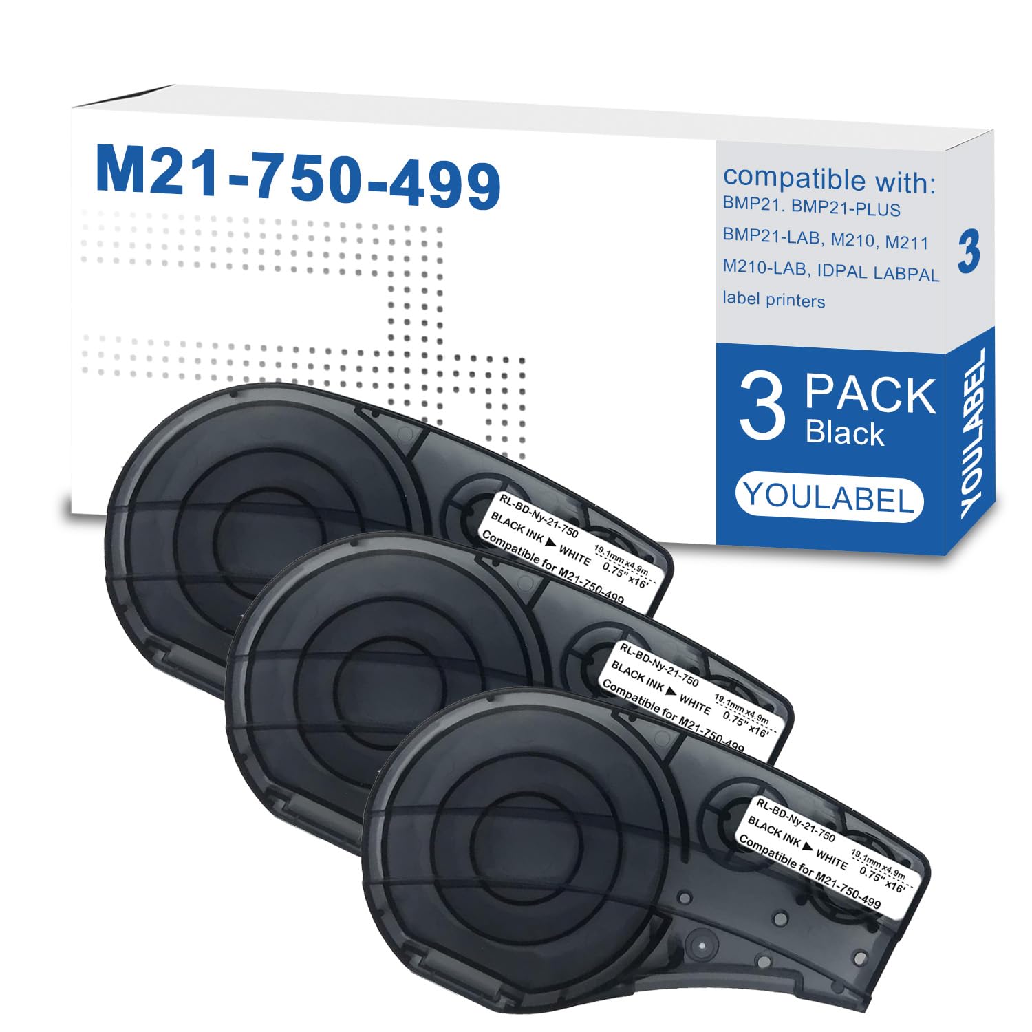 M21-750-499 Cinta de etiquetas compatible con cinta de etiquetas de repuesto para (M21-750-499) etiqueta de nailon para identificación general, negro sobre blanco, diseñada para impresoras M210,