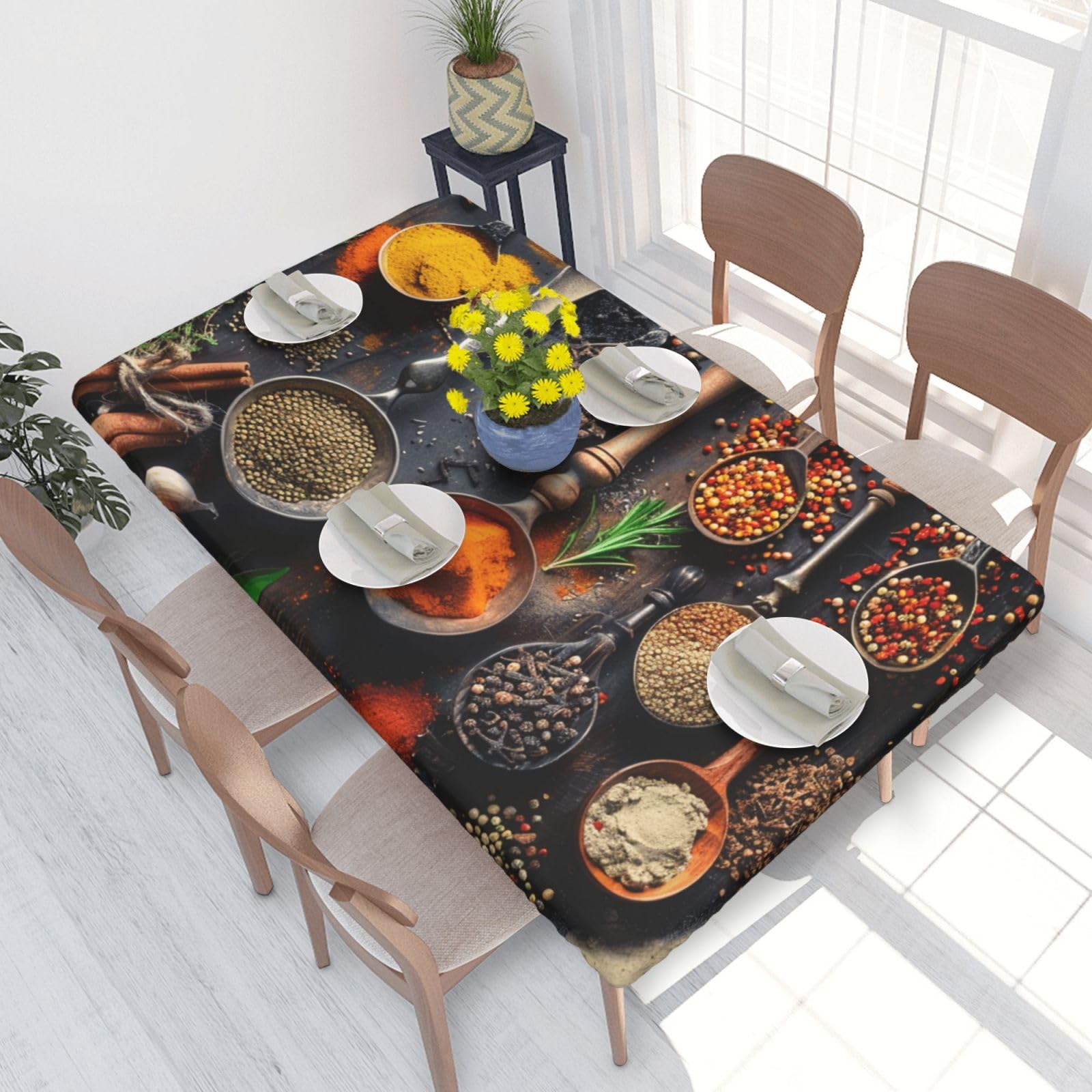 DCARSETCV Spices Printed 4FT Waterproof Tablecloth with Elastic Edged Protect & Decor Your Table, Oil-proof Washable Table Cloth Cover for Dinner Picnic Party