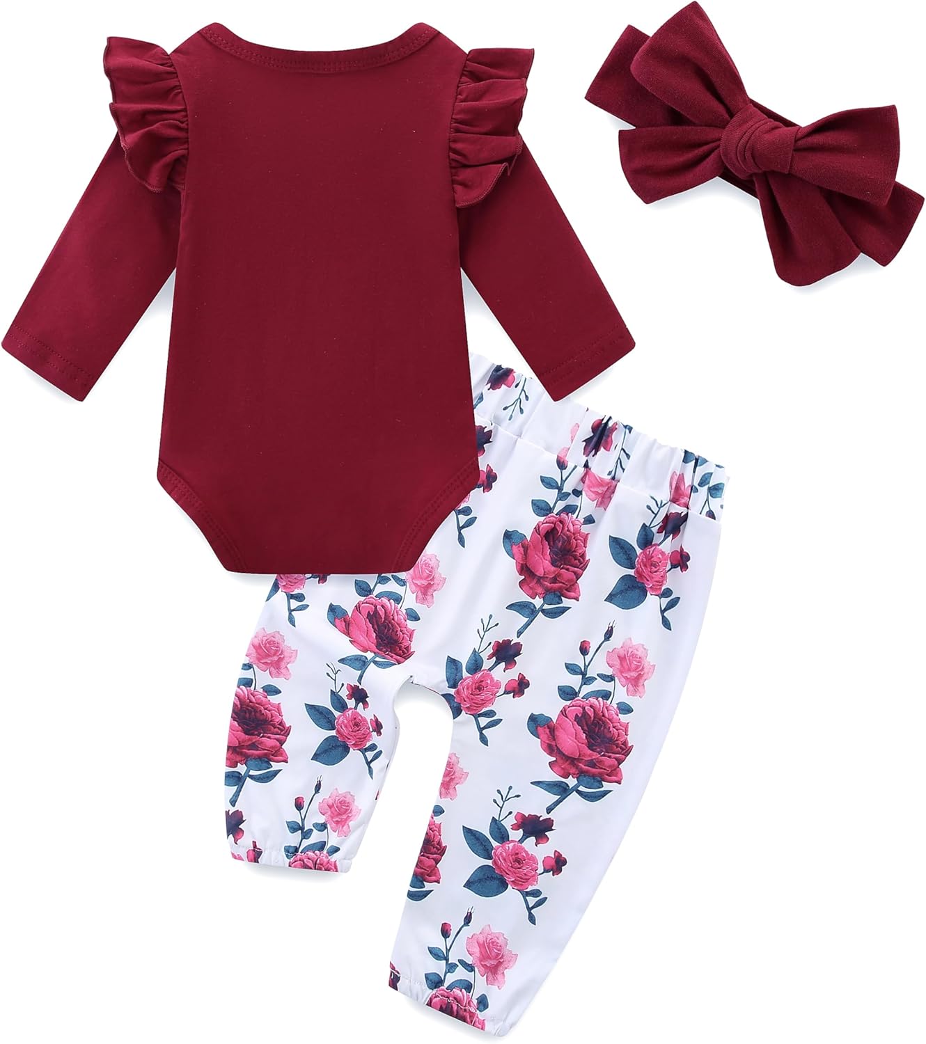 Infant Girl Clothes Long Sleeve Ruffle Bodysuit Floral Pants Bow Headband Sets Fall Winter Spring Outfits - Image 2