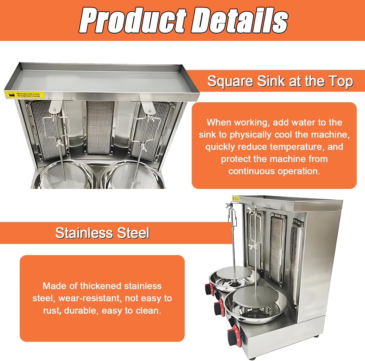 Shawarma Grill Machine LP Gas Doner Kebab Machine Vertical Broiler Gyro Machine Meat Roasting Machine with 3 Burners for Home Kitchen Restaurant Party