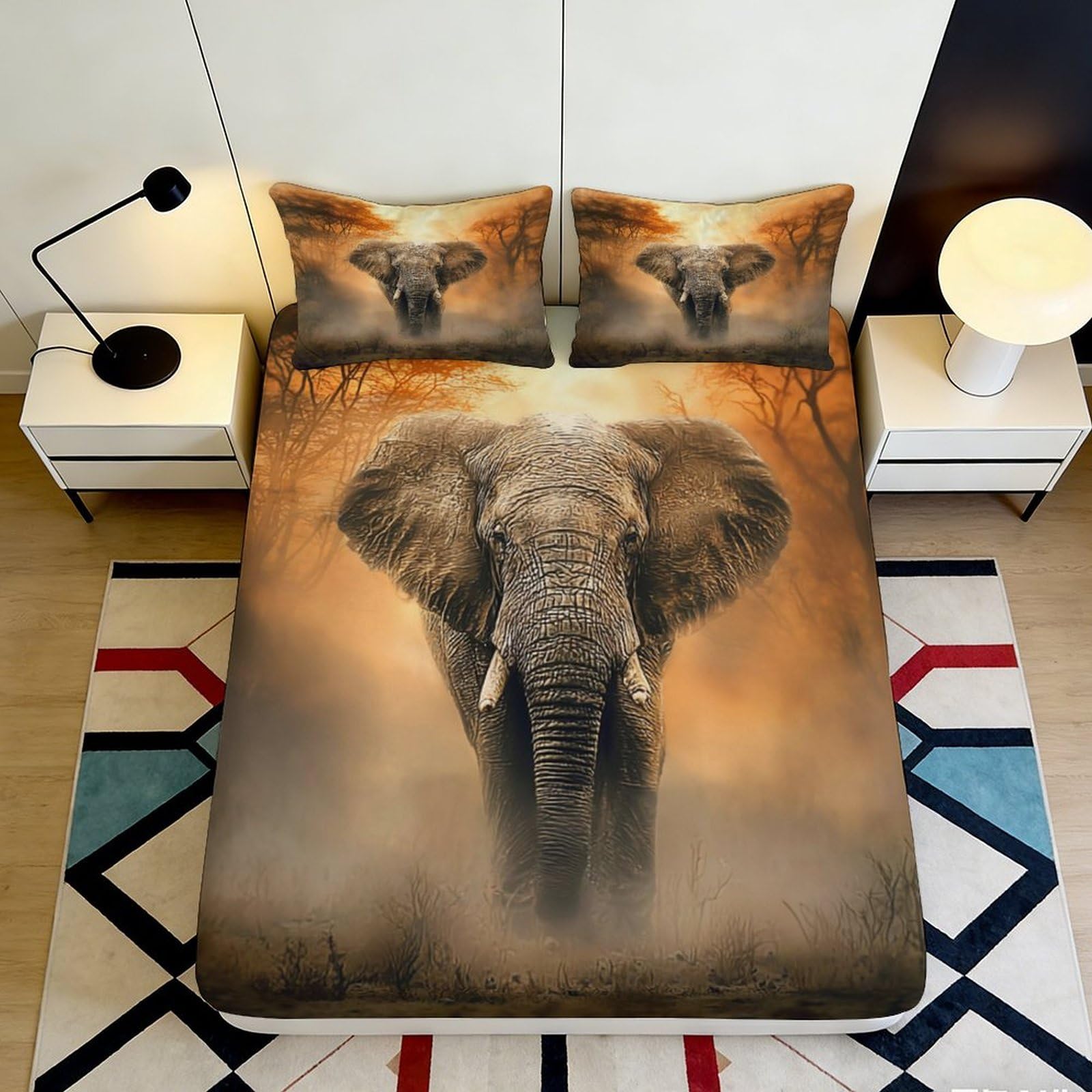 3D Printed Elephant Fitted Sheet Microfiber Soft Durable Wildlife Bed Cover for Bedroom Dormitory Guest Room Mattress Protection Decor 120x200x25cm