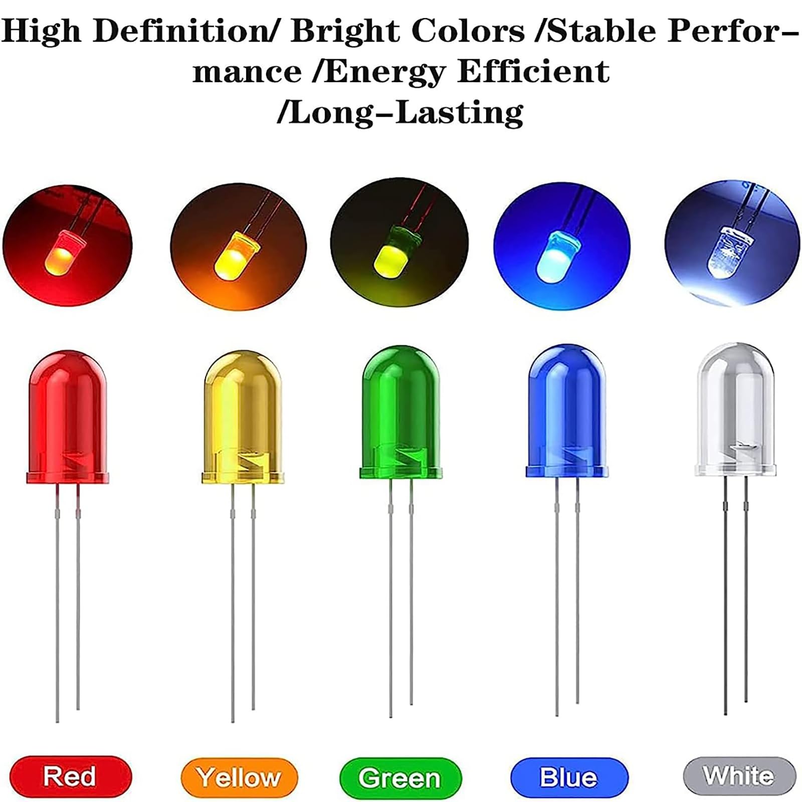 Hilitand LED-Dioden Set – 300 Stück, 3mm & 5mm, 5 Farben (Rot, Grün, Gelb, Weiß, Blau), Diffuses Licht