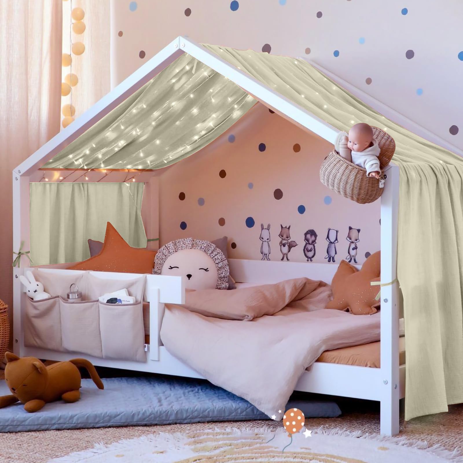 Vicloon Tenda Letto Bambini 100% Cotone, Tenda Letto Montessori per Letto Bambini, Baldacchini in Tessuto, Tenda da Letto per la casa in Mussola, 135 x 360 cm, Beige