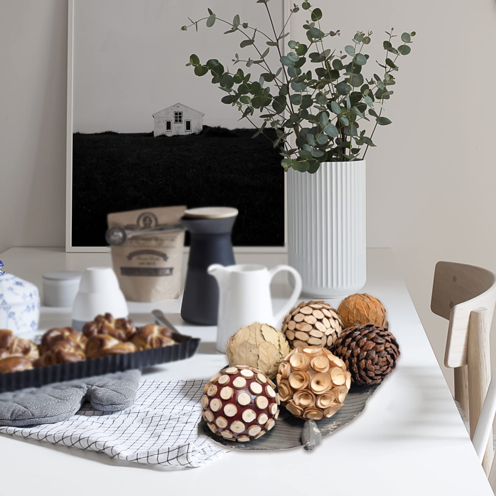 CIR OASES Bolas de relleno decorativas para centro de mesa, 6 bolas de relleno de cuenco y jarrón de tono natural de 3.5 pulgadas para decoración del hogar, rellenos de cestas de masa