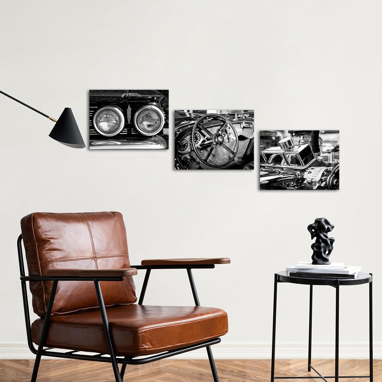VANSEEING 3 Pieces Black and White Vintage Car Canvas Wall Art Retro Vehicle Engines Steering Wheel Cool Classic Pictures Wall Decor for Men's Boys Room Bedroom 12x16inchx3