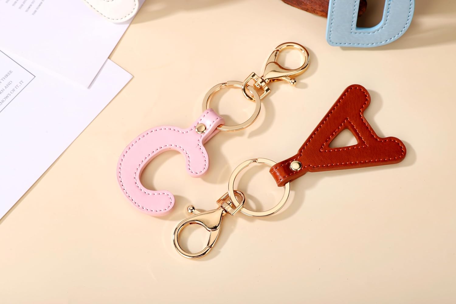 Junyuerly Initial letter Keychains for Women,Pink Blue White Coffee Leather Key Chain Cute Bag Charms Car Key Accessories - Image 3