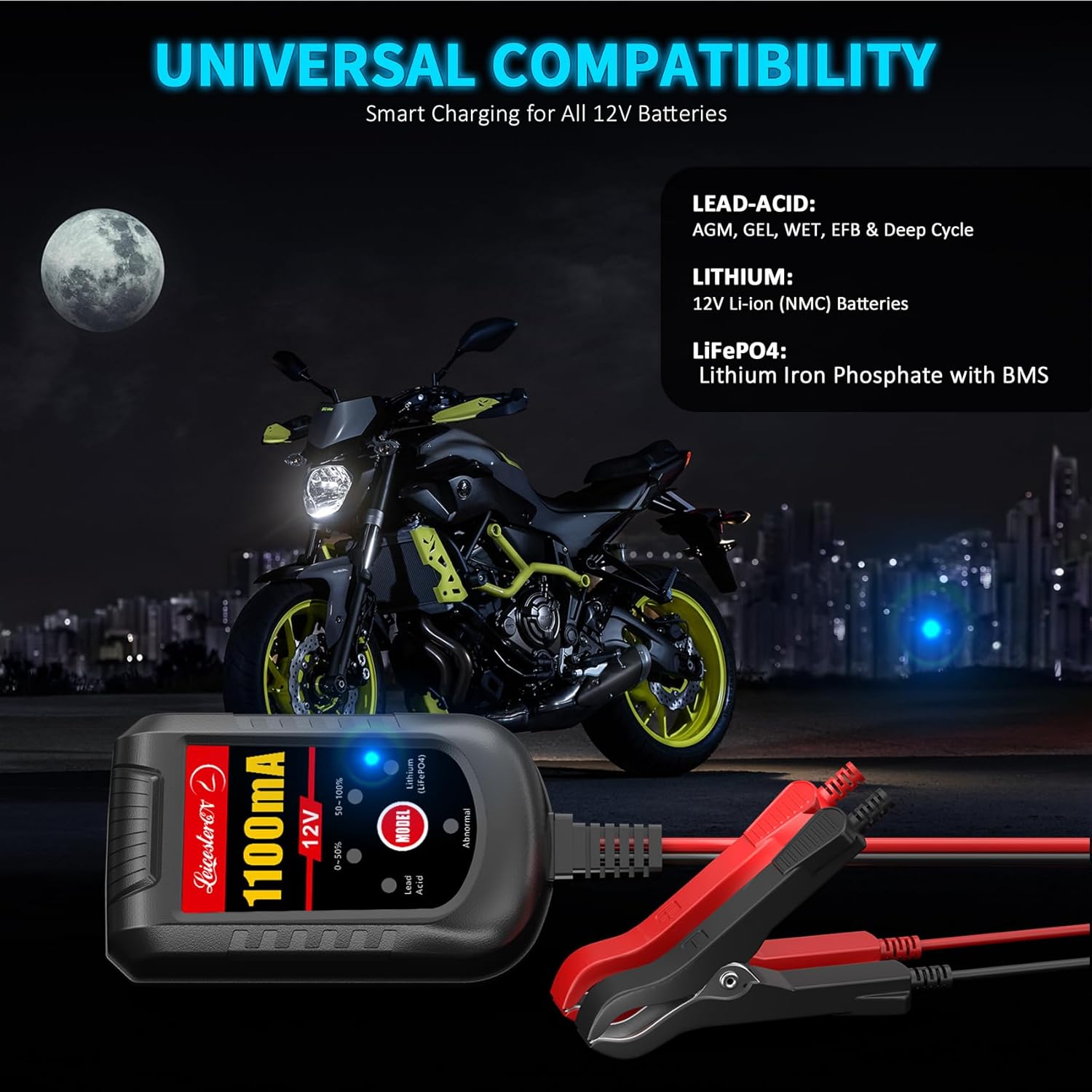 4 Pack Motorcycle Battery Charger 12V 1.1Amp, Smart Trickle Charger and Maintainer - Automatic Float Charger for Cruiser Sport Bike ATV Scooter Dirt Bike Lawn Mower, LiFePO4 Lead Acid AGM Gel