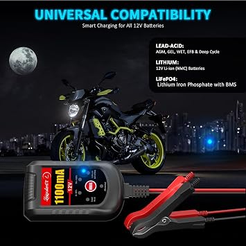 4 Pack Motorcycle Battery Charger 12V 1.1Amp, Smart Trickle Charger and Maintainer - Automatic Float Charger for Cruiser Sport Bike ATV Scooter Dirt Bike Lawn Mower, LiFePO4 Lead Acid AGM Gel