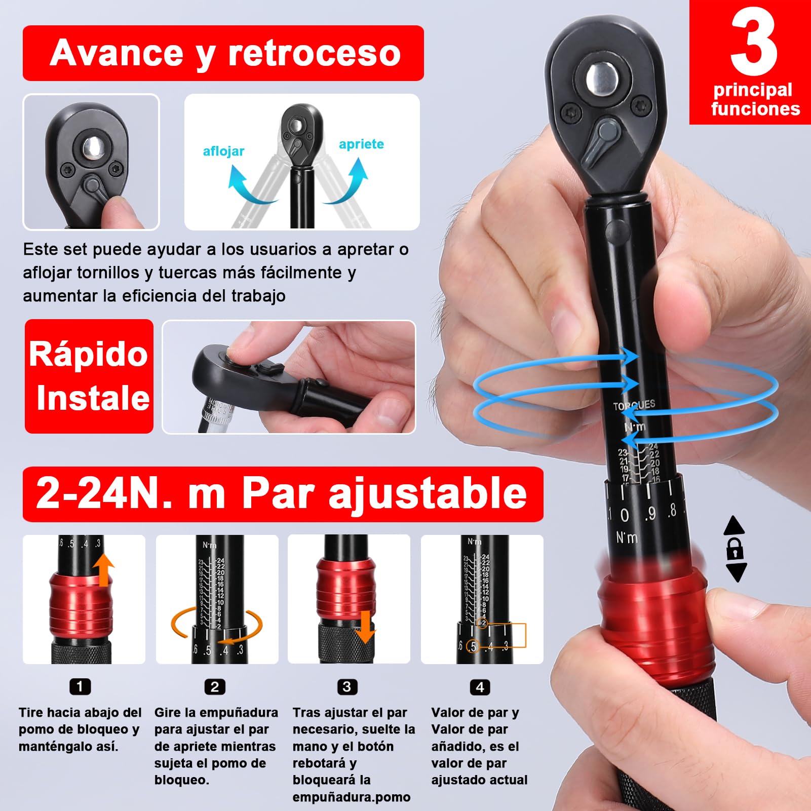 Hancaner Set di Chiavi a Cricchetto, 1/4, 2-24 N.m, Chiave Dinamometrica con Precisione ±3%, Strumenti di Riparazione Moto/Bici/Auto e Pratici da 21 Pezzi