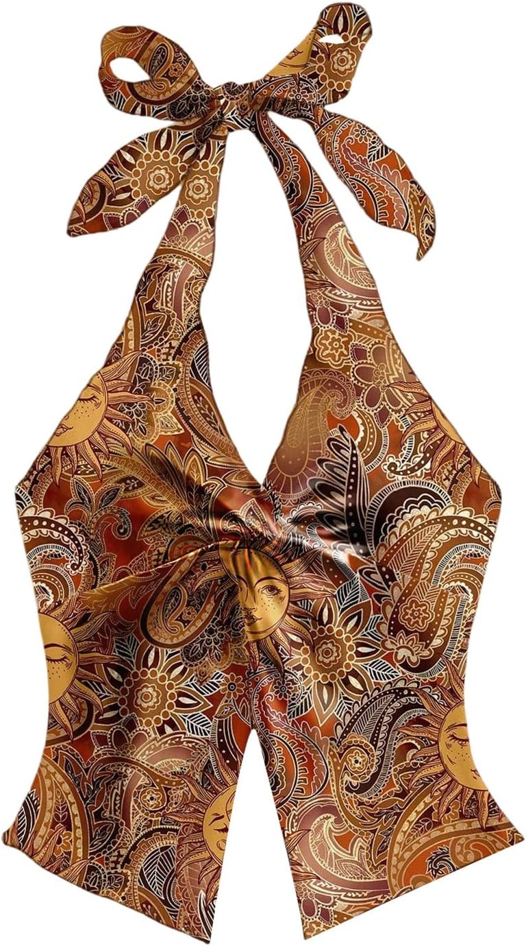 Women's Boho Printed Halter Tops Twist Front Tie Backless Tank Hippie Fitted Crop Tops