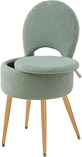 Small Vanity Stool Chair with Storage and Folding Back,4 Metal Legs with Anti-Slip Feet,Round Ottoman with Velvet Seat, Furry Padded Seat for Makeup, Bedroom (Green, Standard)