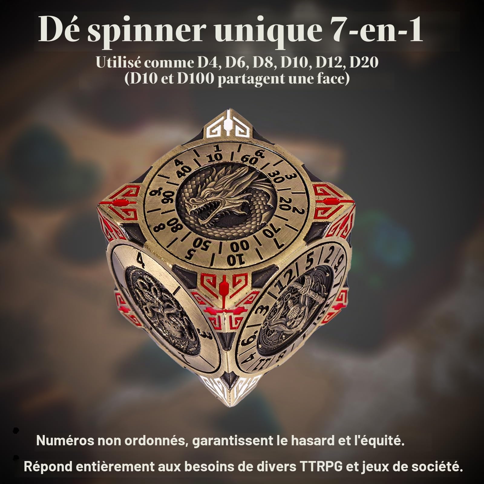 Dés à Spinner DND - Jeu de dés en métal 7 en 1 avec design de dragon en relief 3D | Design unique de rotation pour Dungeons & Dragons RPG Polyèdre Jeu de dés pour D&D et DM (bronze)