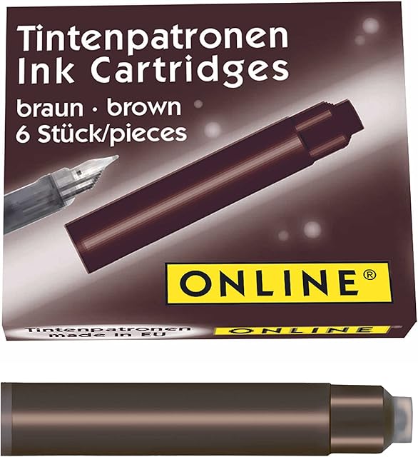 ONLINE standard ink cartridges, universal fountain pen ink, compatible with all common standard fountain pens, replacement cartridges for fountain pens and rollerballs, 6 pieces, colour brown