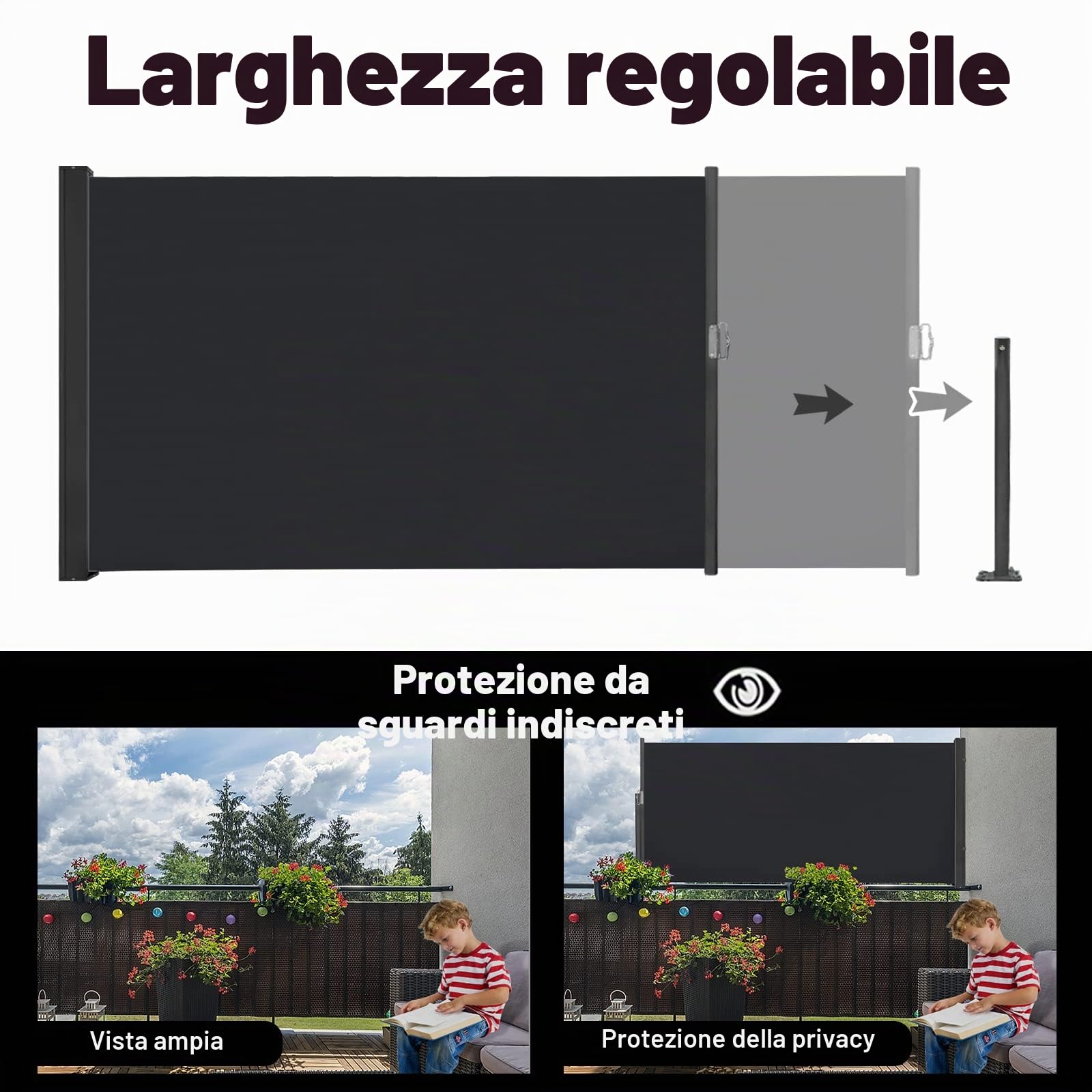 UISEBRT Tenda da sole laterale estensibile, 100 x 300 cm, per balcone, tenda da sole, protezione dal vento per terrazza, balcone, giardino, antracite