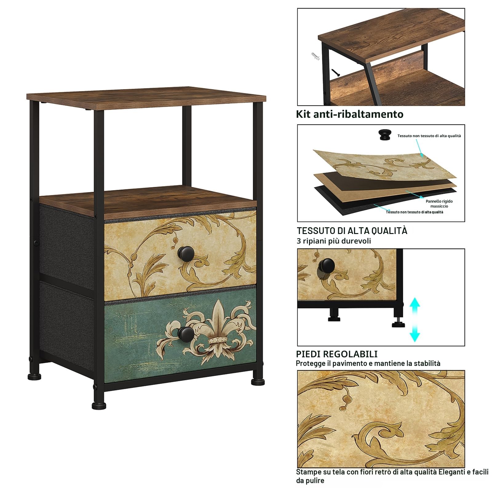 VEDECASA Comò con 2 cassetti e ripiano aperto, armadio con cassettiera, tavolo da trucco bohemio, armadio portaoggetti, comodino, tavolino per soggiorno e camera da letto, struttura in acciaio stabile