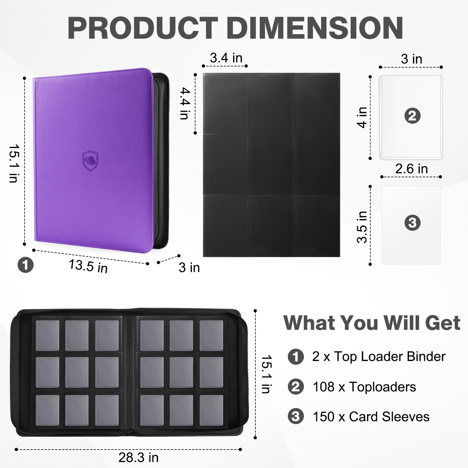 Confezione da 2 raccoglitori a caricamento superiore, contiene 720 Toploader, 108 Toploader e 150 custodie per carte incluse, raccoglitore a 9 tasche per caricatori dall'alto rigidi da 7,6 x 10,2 cm