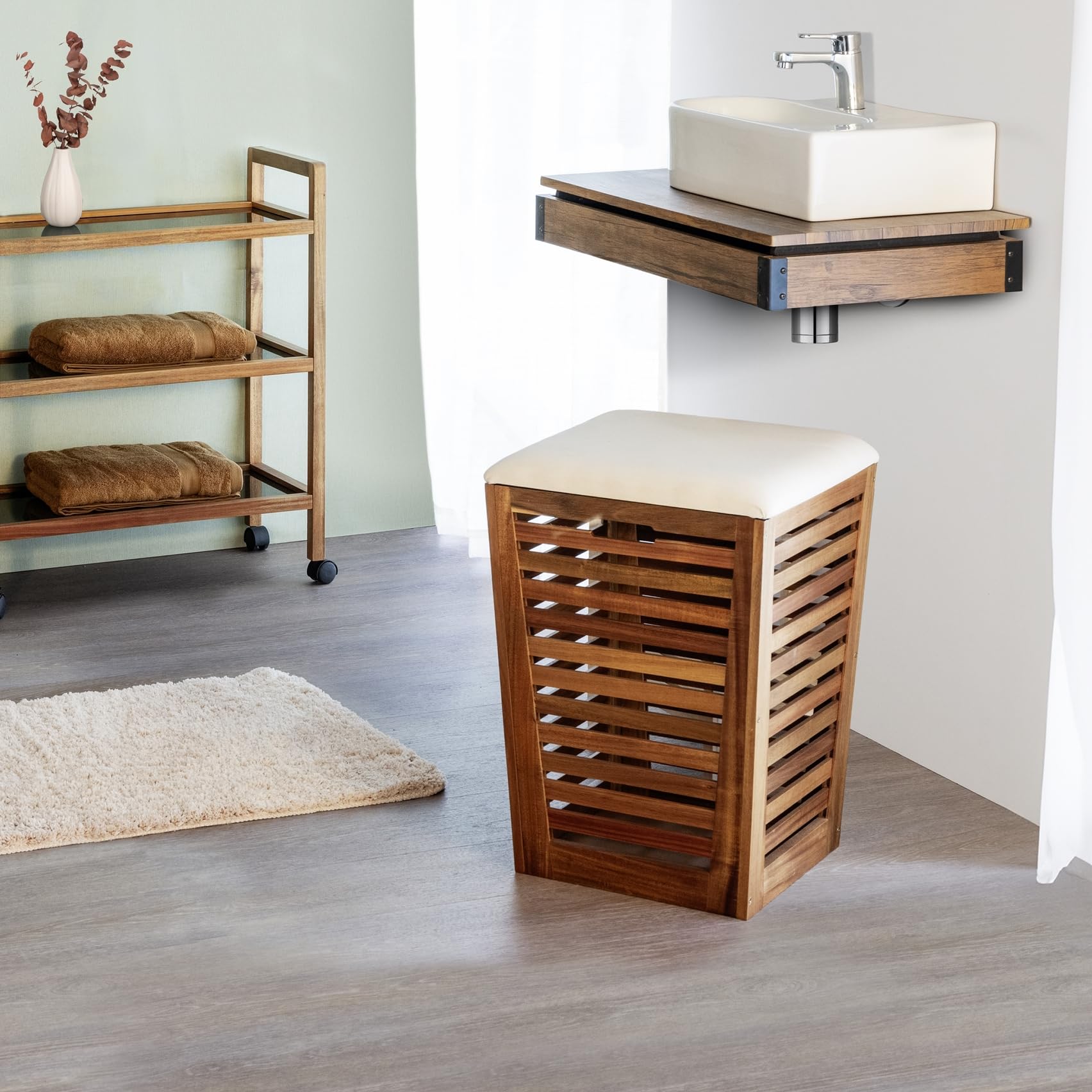 WENKO Wäschetruhe mit Sitzpolster Mod. Fondi aus massivem Akazienholz mit 55 L Fassungsvermögen Sitzp. aus 100% Baumwolle Maße 40 x 56 x 40 cm Braun