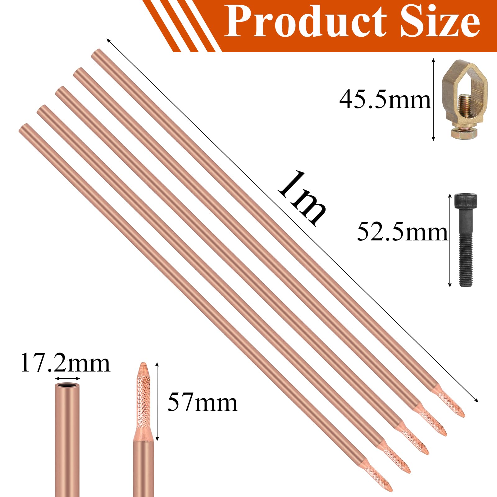EFUTURETIME 5 x Barra de Puesta a Tierra 1 Metro φ17,2 mm, Electrodo de Acero al Carbono con Recubrimiento de cobre electrolítico de 0,2 mm