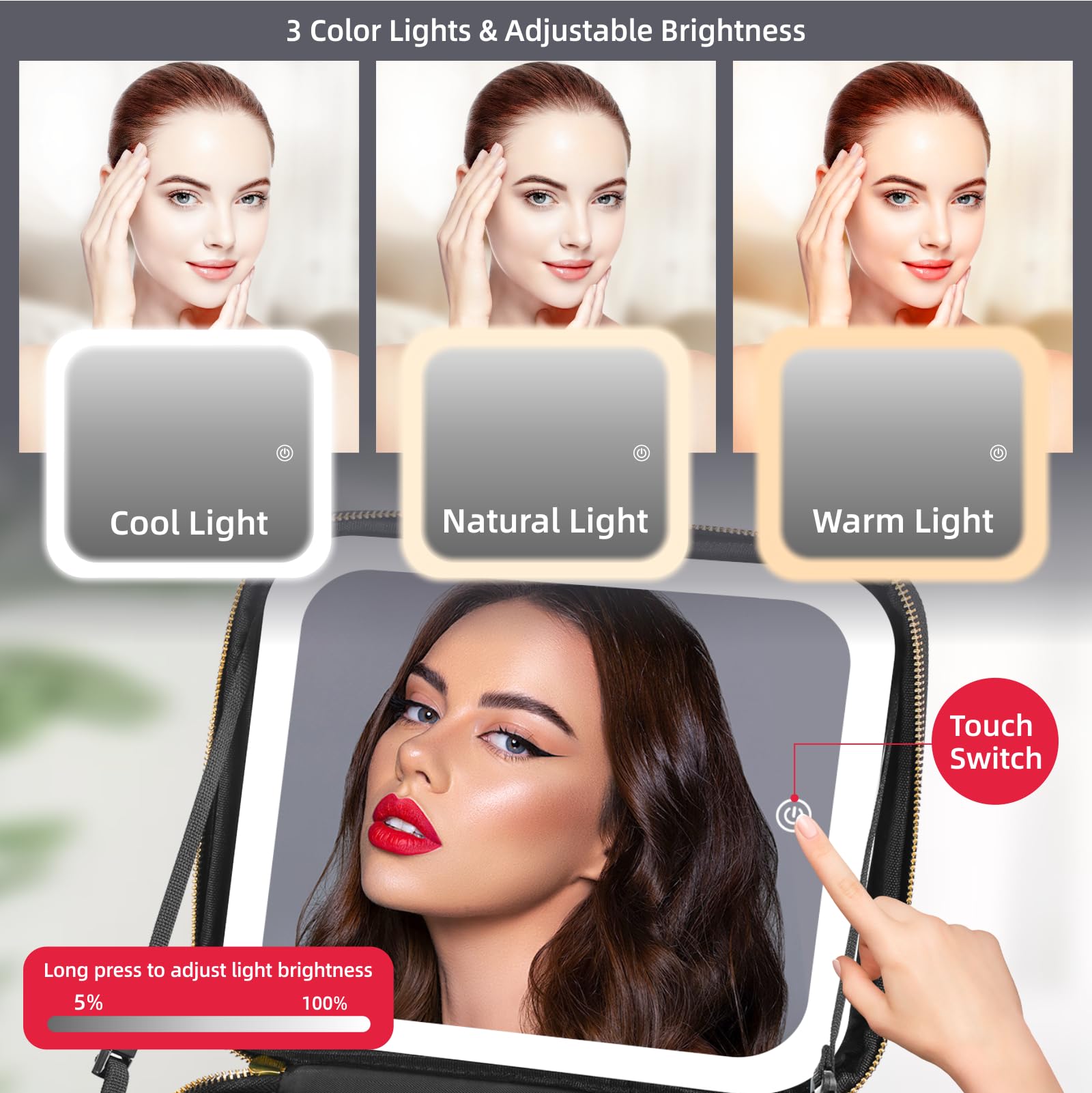 Travel Makeup Bag with LED Mirror 3 Color Setting,Travel Makeup Organizer,Makeup Case with Adjustable Dividers,Waterproof Makeup Box with 10X Magnifying Mirror,Black - Image 2