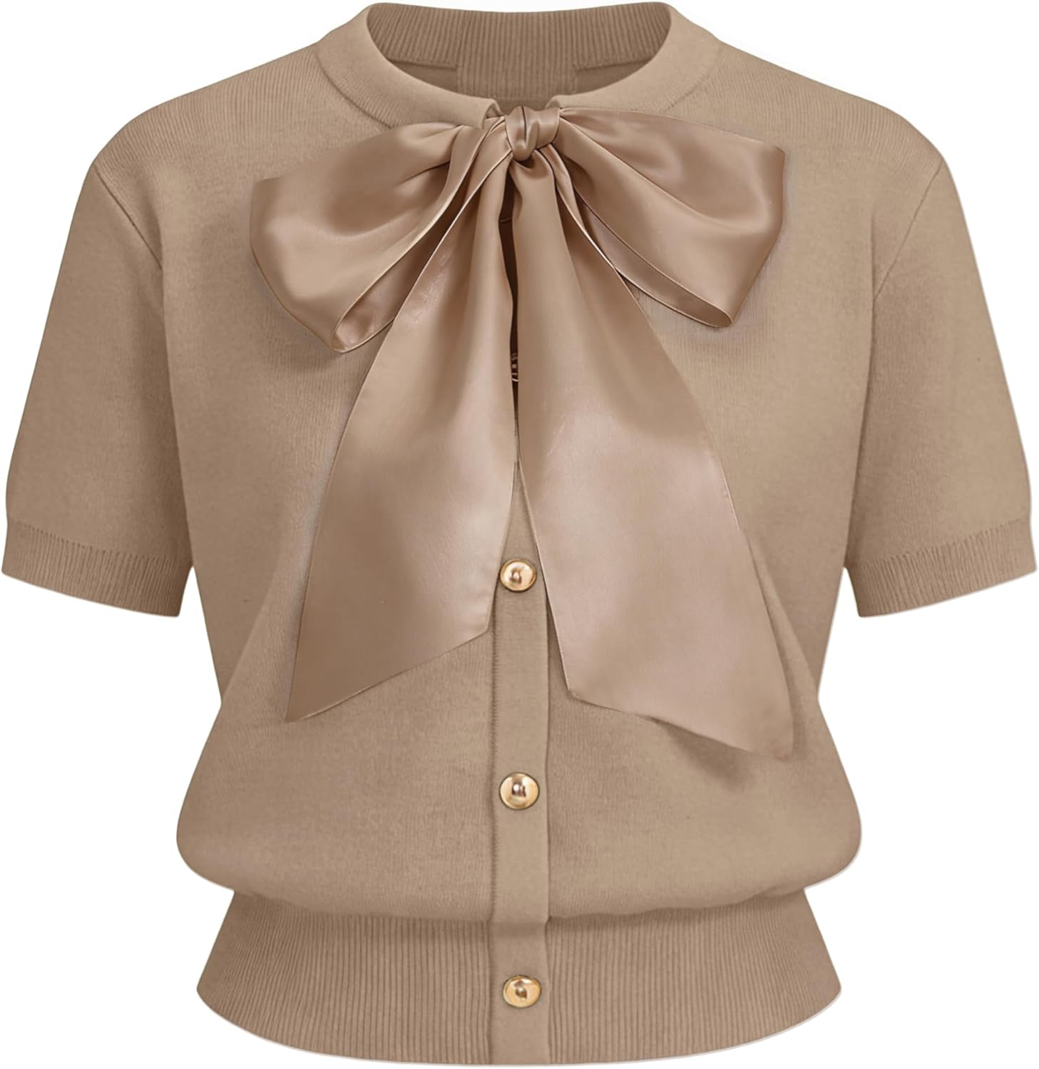 Yeokou Women's Satin Bow Short Sleeve Knit Cardigan Metal Button Crew Neck Casual Sweater Top for Office Casual Daily