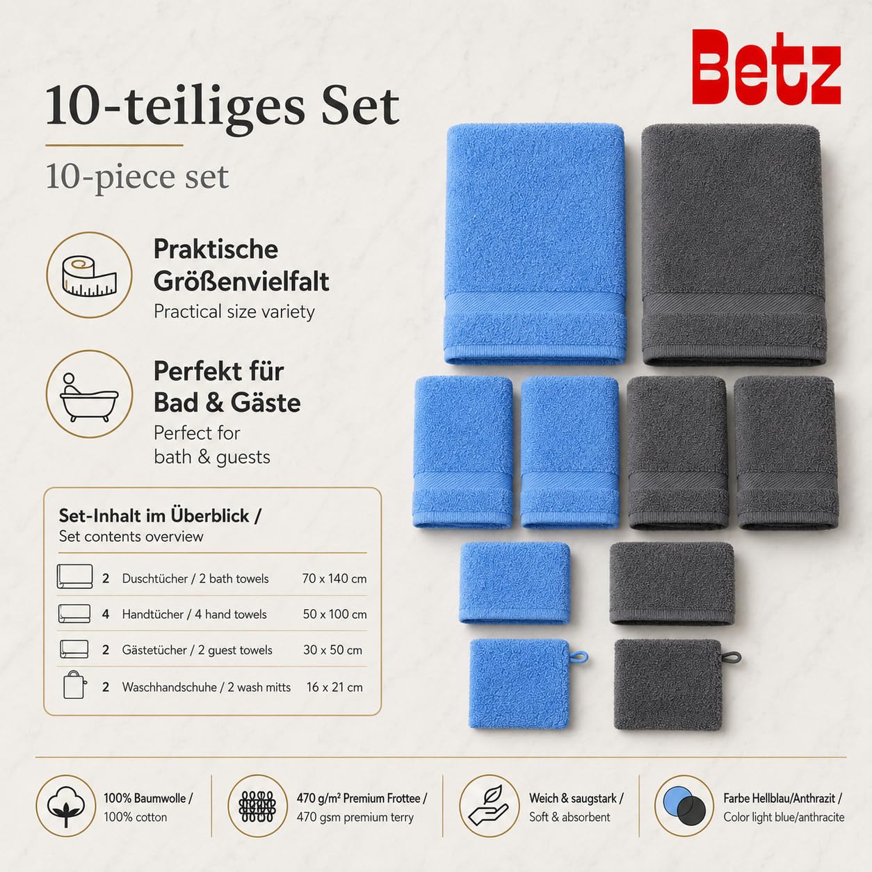 Betz 10-częściowy zestaw ręczników premium 100% bawełna 2 ręczniki kąpielowe 4 ręczniki do rąk 2 ręczniki dla gości 2 rękawice do mycia kolor jasnoniebieski antracyt