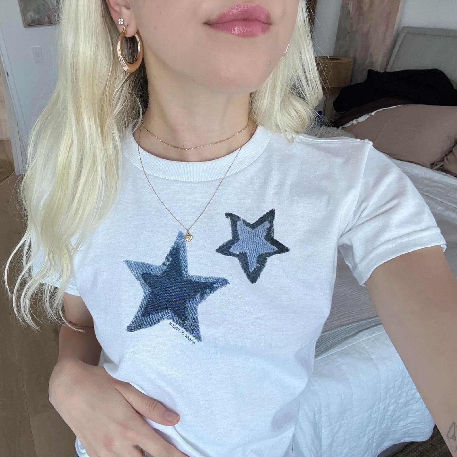 Women's Y2K Baby Tees Short Sleeve E-Girls Cute Graphic Print Crop Tops Retro Vintage Aesthetic T Shirts: Large Star-white