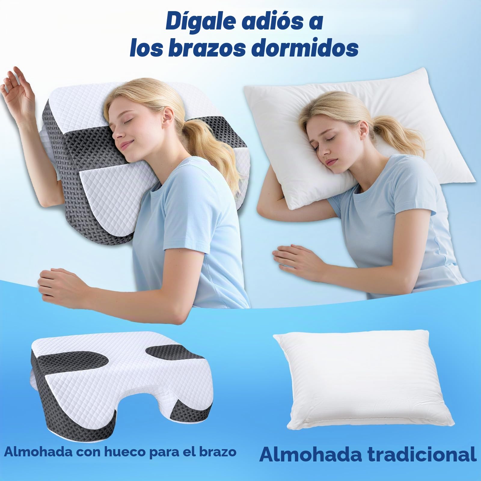 SAHEYER Almohada Cervicales y Cuello, 2 en 1 Almohada para Brazo Ergonómica, Almohada para Dormir de Lado Espuma Viscoelástica con 3 Huecos para los Brazos