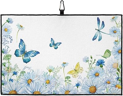 Spring Watercolor Blue Floral Butterflies Golf Towel with Carabiner Clip, White Daisies Dragonfly Microfiber Waffle Pattern Golf Towel, Golf Accessories for Cleaning Clubs and Balls, 24x16 In