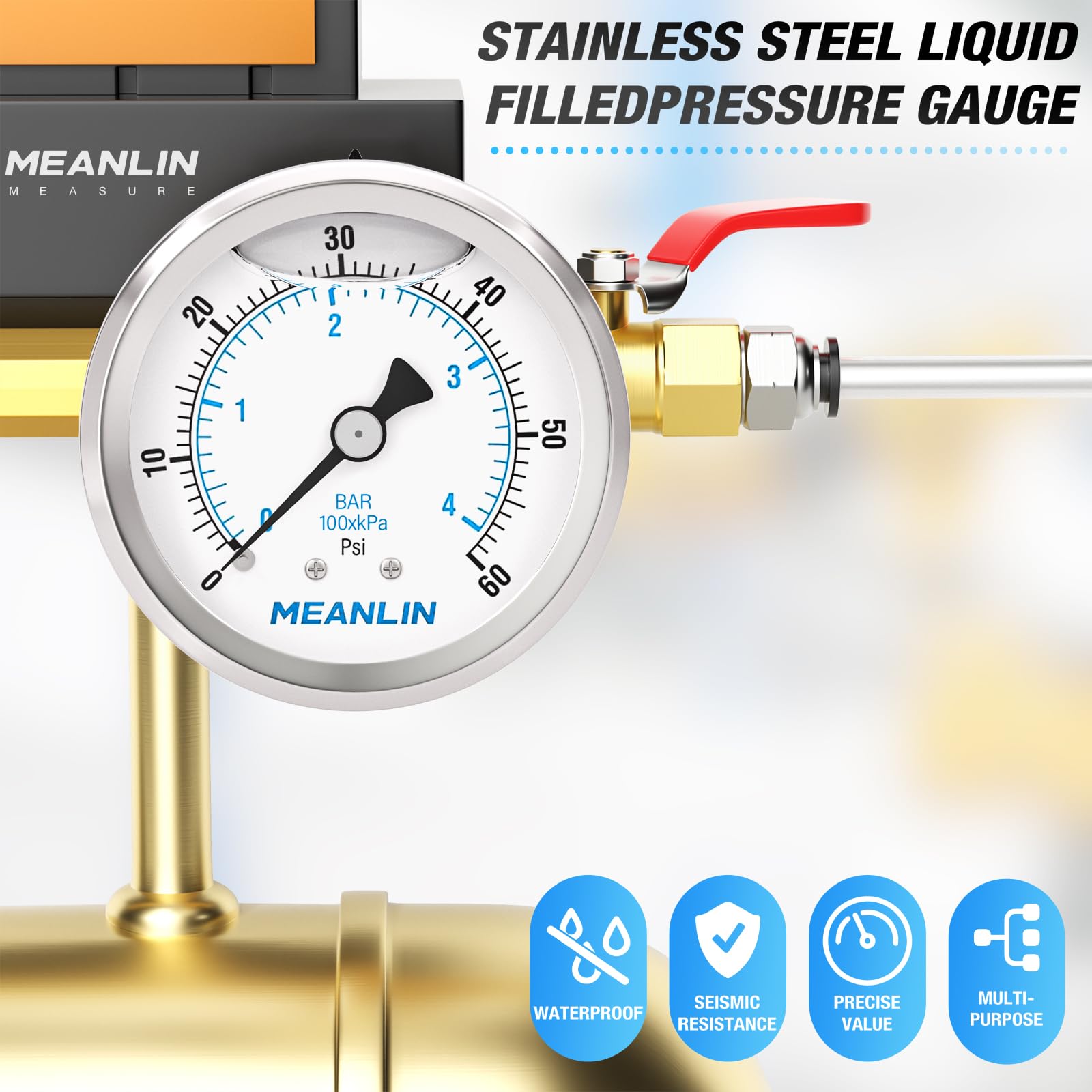 MEANLIN MEASURE 0-4BAR/60Psi Edelstahl 1/4" BSP 2.5" FACE DIAL Flüssigkeitsgefülltes Manometer WOG Wasser Öl Luft Rückwandmontage, mit 1/4" x 1/2" BSP und 1/4" x 3/8" BSP Sechskantbuchse