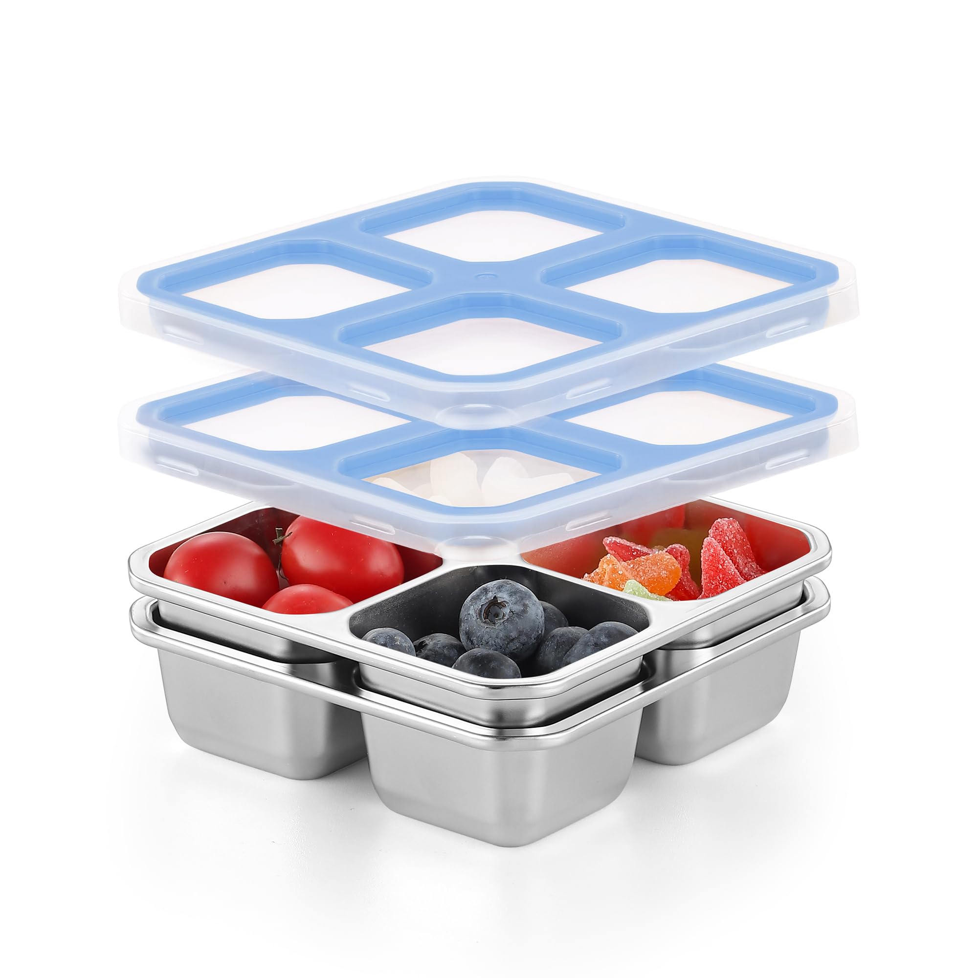 Misichao Stainless Steel Snack Boxes with 4 Compartments | Reusable Snack Containers Small Bento Lunch Box for Kids Adults Divided Meal Prep Containers for School Work and Travel 2 Pack (Sky Blue-2)