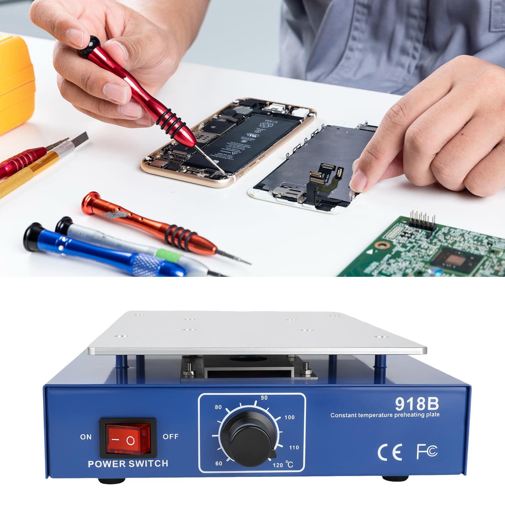 Stazione di Preriscaldamento PCB 450W, Piastra Riscaldante per Saldatura | 180×130 mm con Display LCD, Stazione di Pre-Riscaldo 60–120℃, con Saldatore, Spatola, Righello in Acciaio e Pinzetta