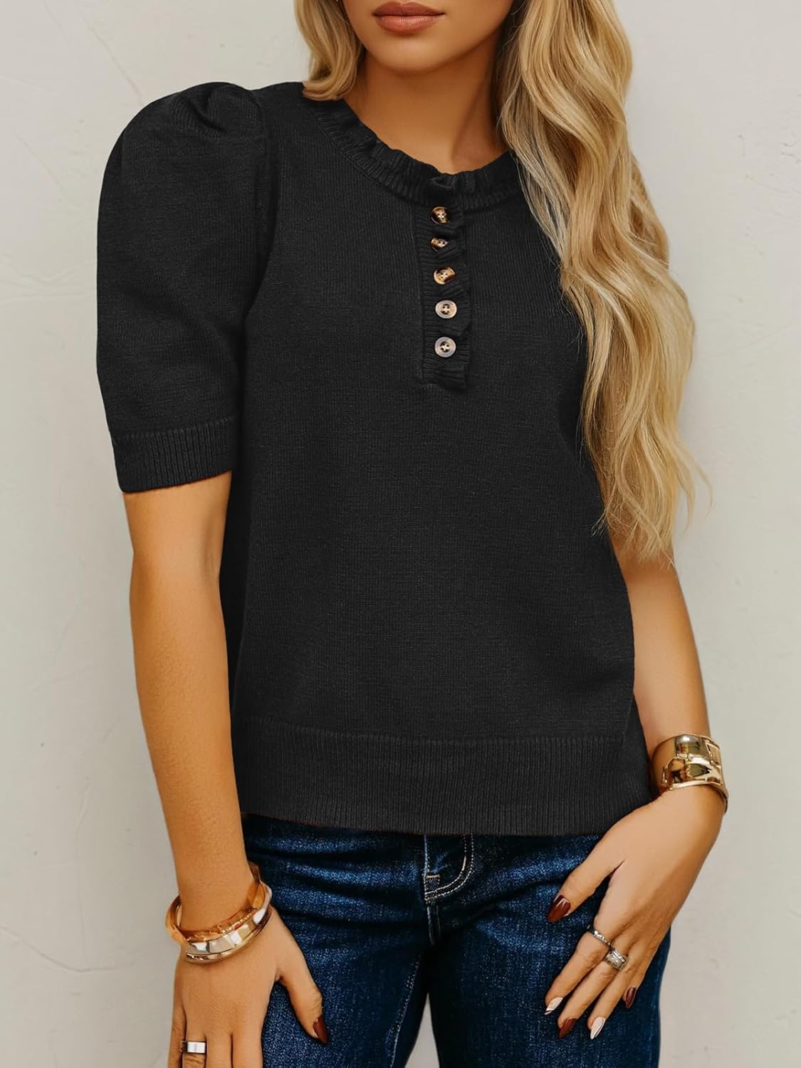 Saodimallsu Womens Puff Short Sleeve Sweater Tops Ruffle Crew Neck Button Up Casual Loose Knit Pullover Sweaters - Image 4