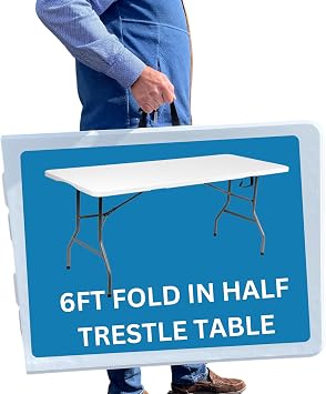 6ft Plastic Folding Trestle Table - Sturdy Indoor & Outdoor Solution for All Occasions - 150kg Capacity- Easy Setup, Folds in Half for Compact Storage, Portable with Carry Handle