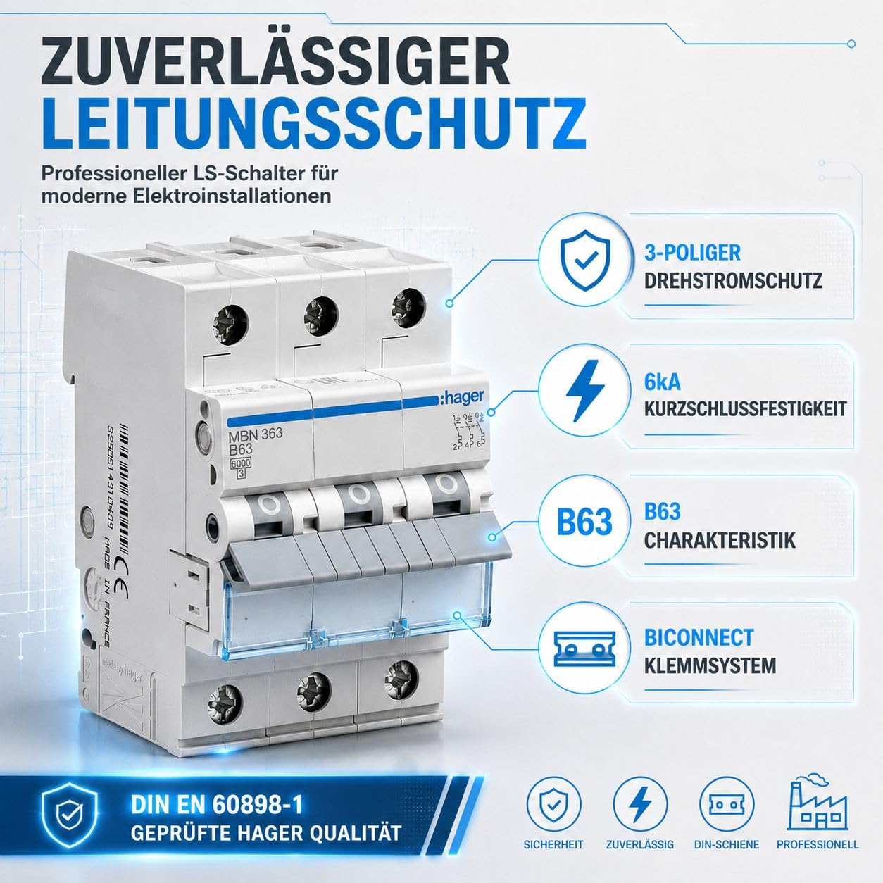 Hager Leitungsschutzschalter 3-polig 63A B-Charakteristik 6kA MBN363 biconnect Sicherungsautomat für Drehstrom 230/400V LS-Schalter FI-Verteiler Hutschiene DIN EN 60898-1